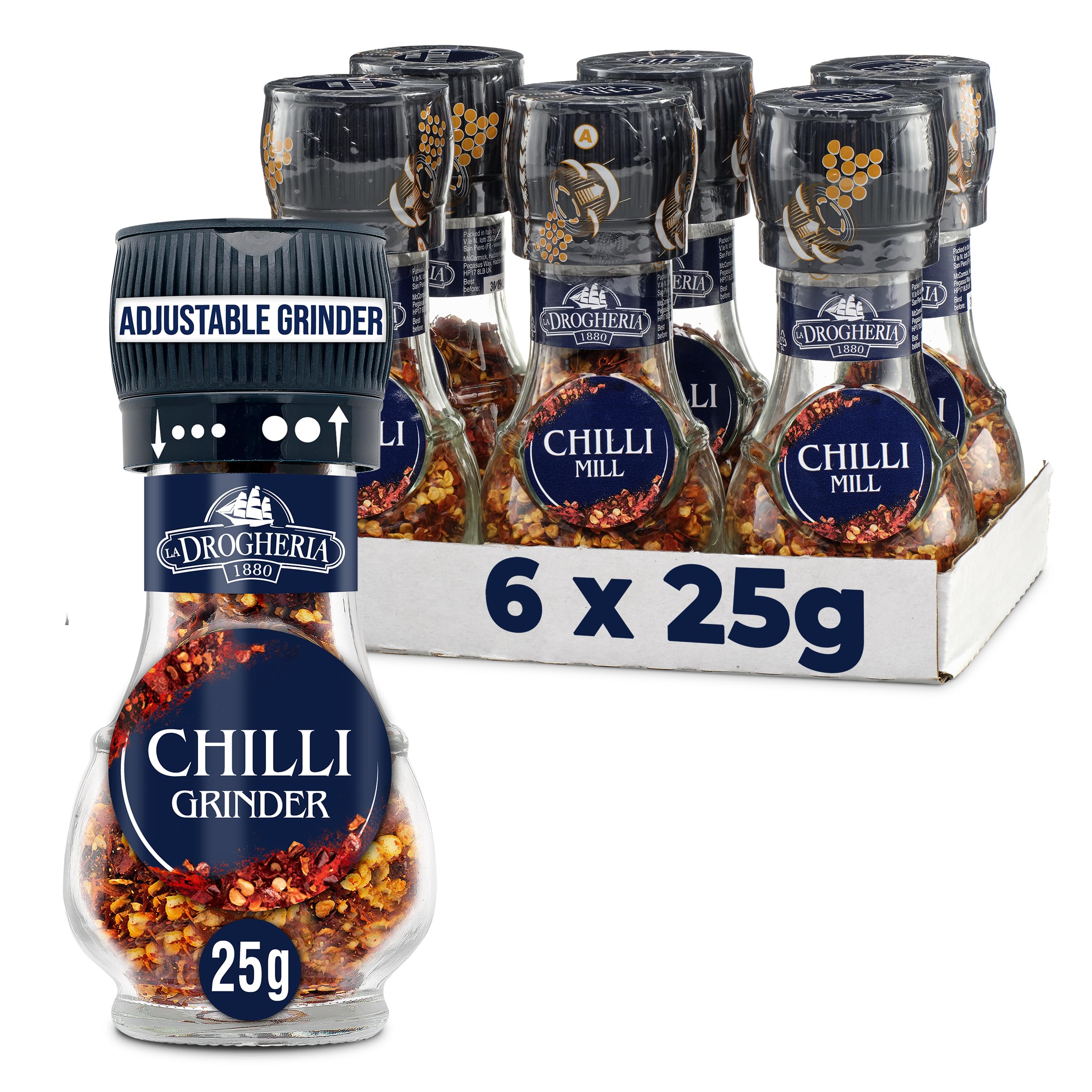 La Drogheria Chili Flakes Adjustable Grinder - Red Pepper Mill (Pack of 6)