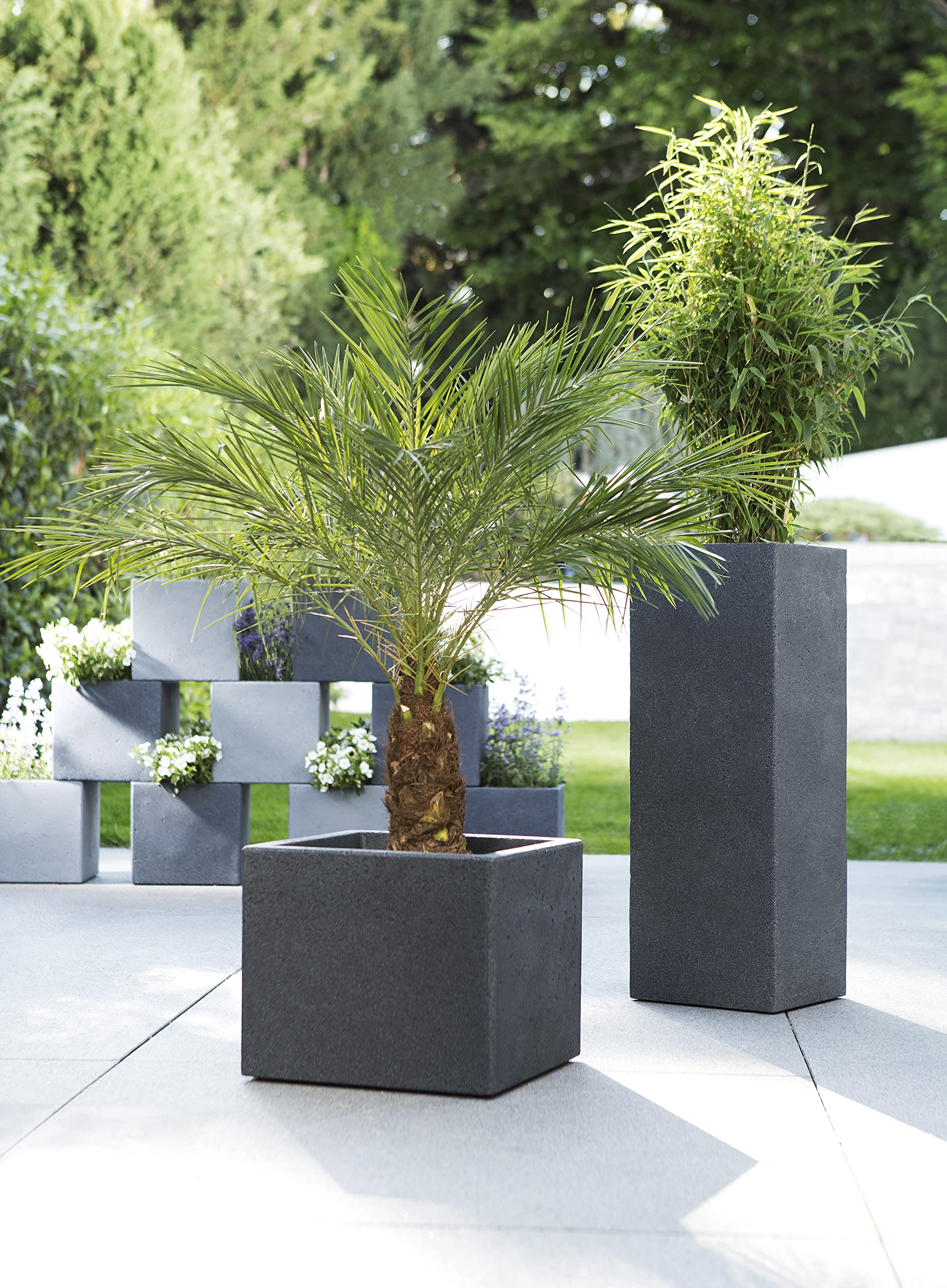Scheurich C-Cube Planter - Stony Black Concrete Look Plastic, 40cm