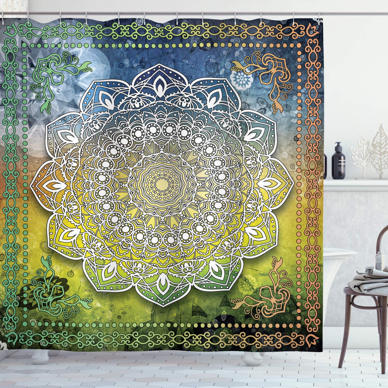 ABAKUHAUS Mystic Mandala Fabric Shower Curtain – Boho Ethnic Decor, 70x69"