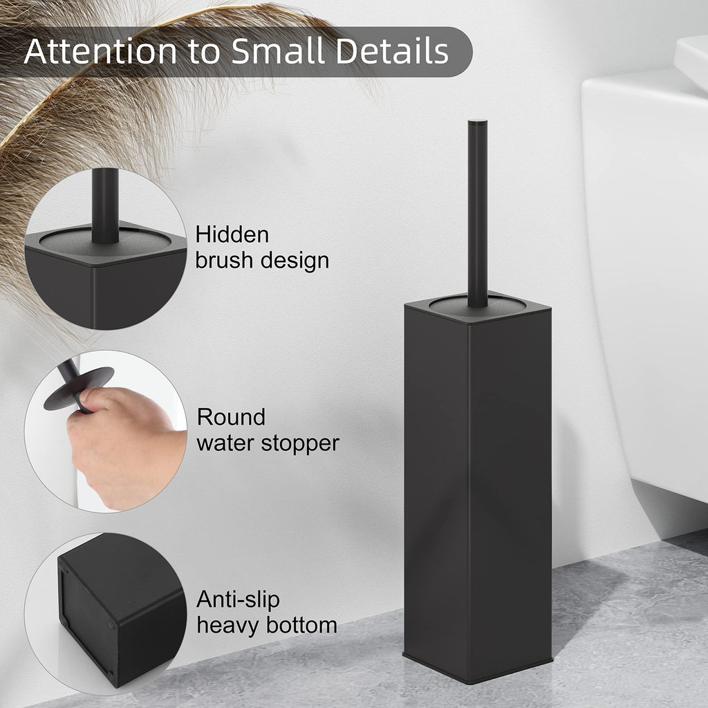 BVL Black Toilet Brush and Holder - 2 Piece Square Aluminum Set with 4 Heads