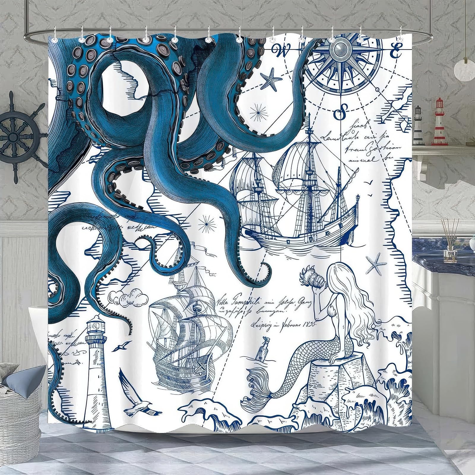 Hopomoon Nautical Octopus Shower Curtain | Waterproof Blue Kraken Decor