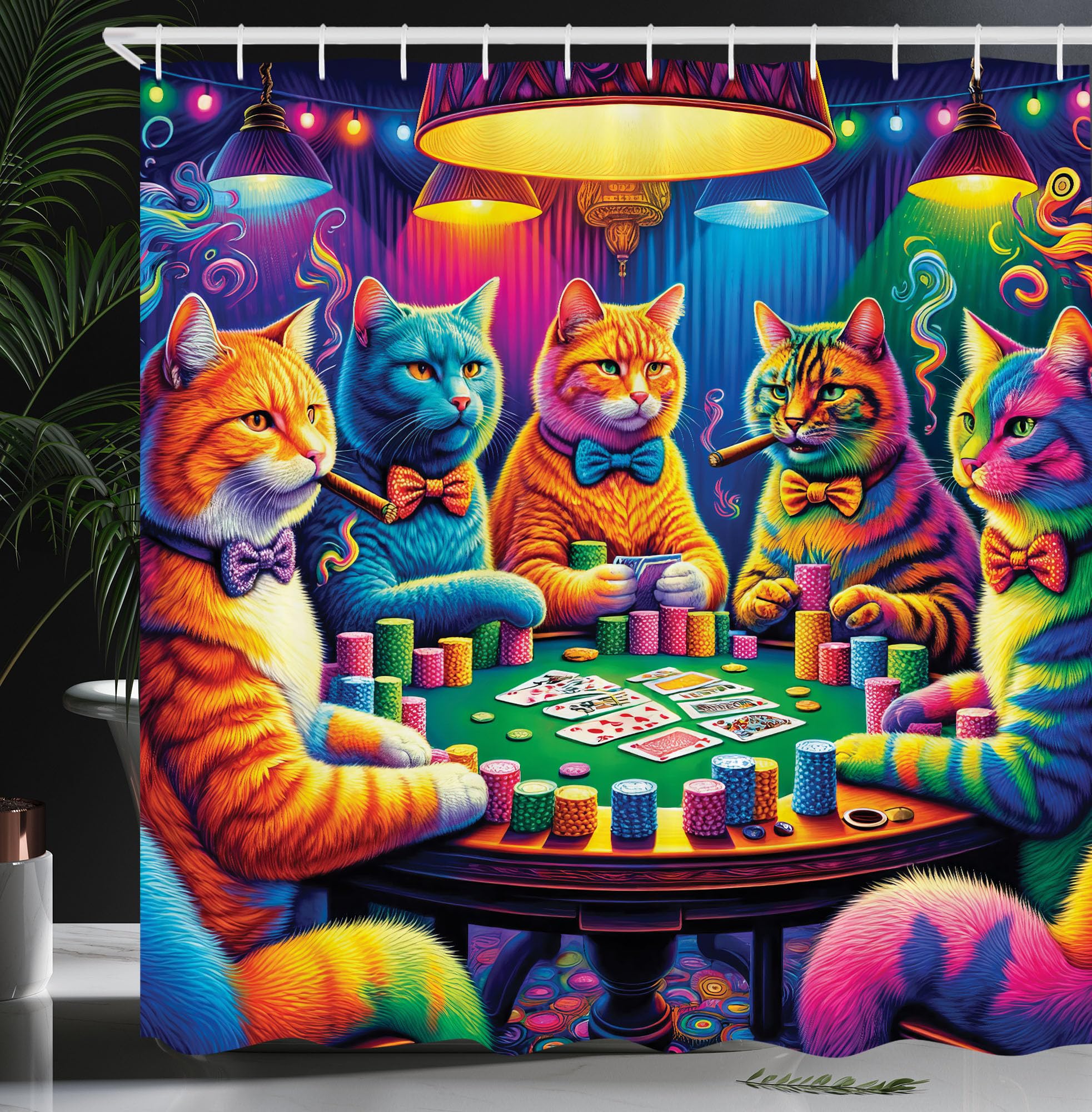 Abakuhaus Cat Shower Curtain | Colorful Kitties Poker Fabric Decor | 175x200cm