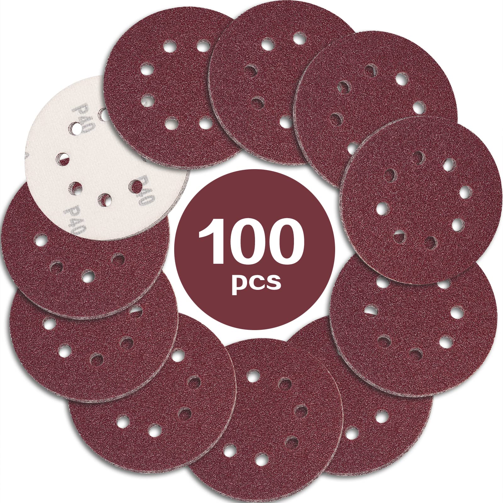 STEBRUAM 5 Inch 8 Hole Sanding Discs - 40 Grit Hook and Loop (100 Pack)