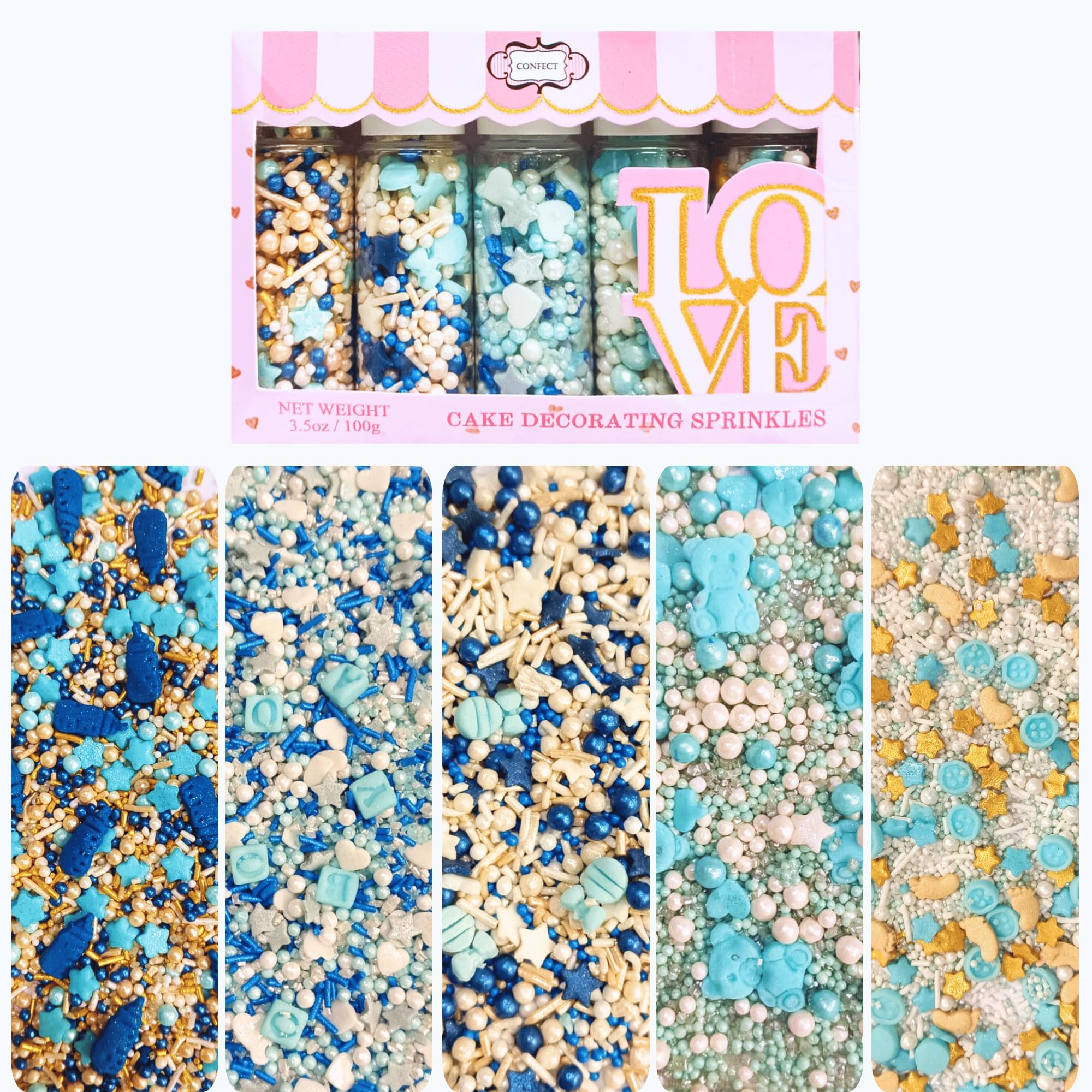 Confect Boys Baby Shower Sprinkles | 5-Pack Navy, Gold & Silver - 3.5 Oz