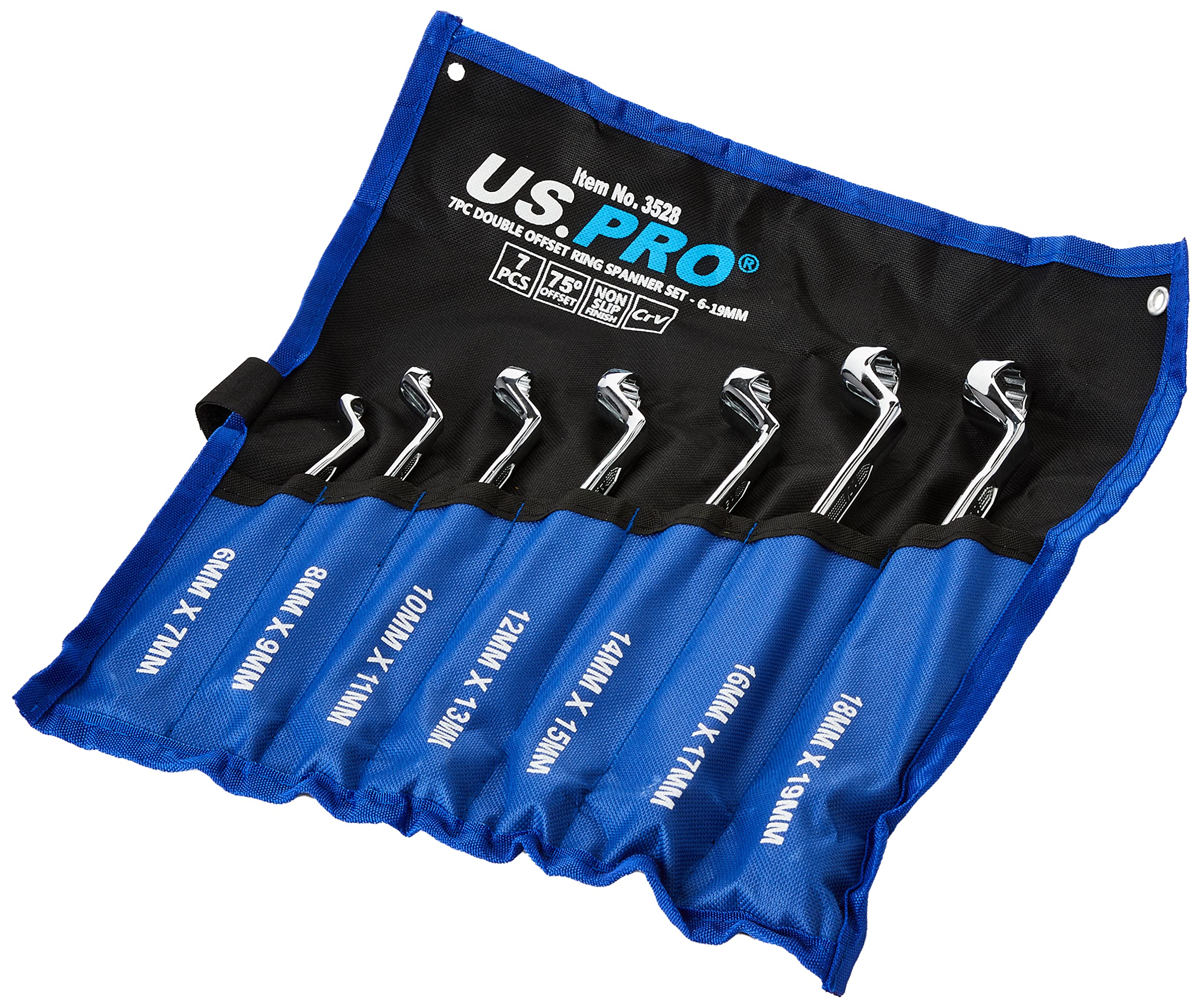 US PRO Tools 7pc Swan Neck Spanner Set | 35 Deg Offset 6-19mm Steel