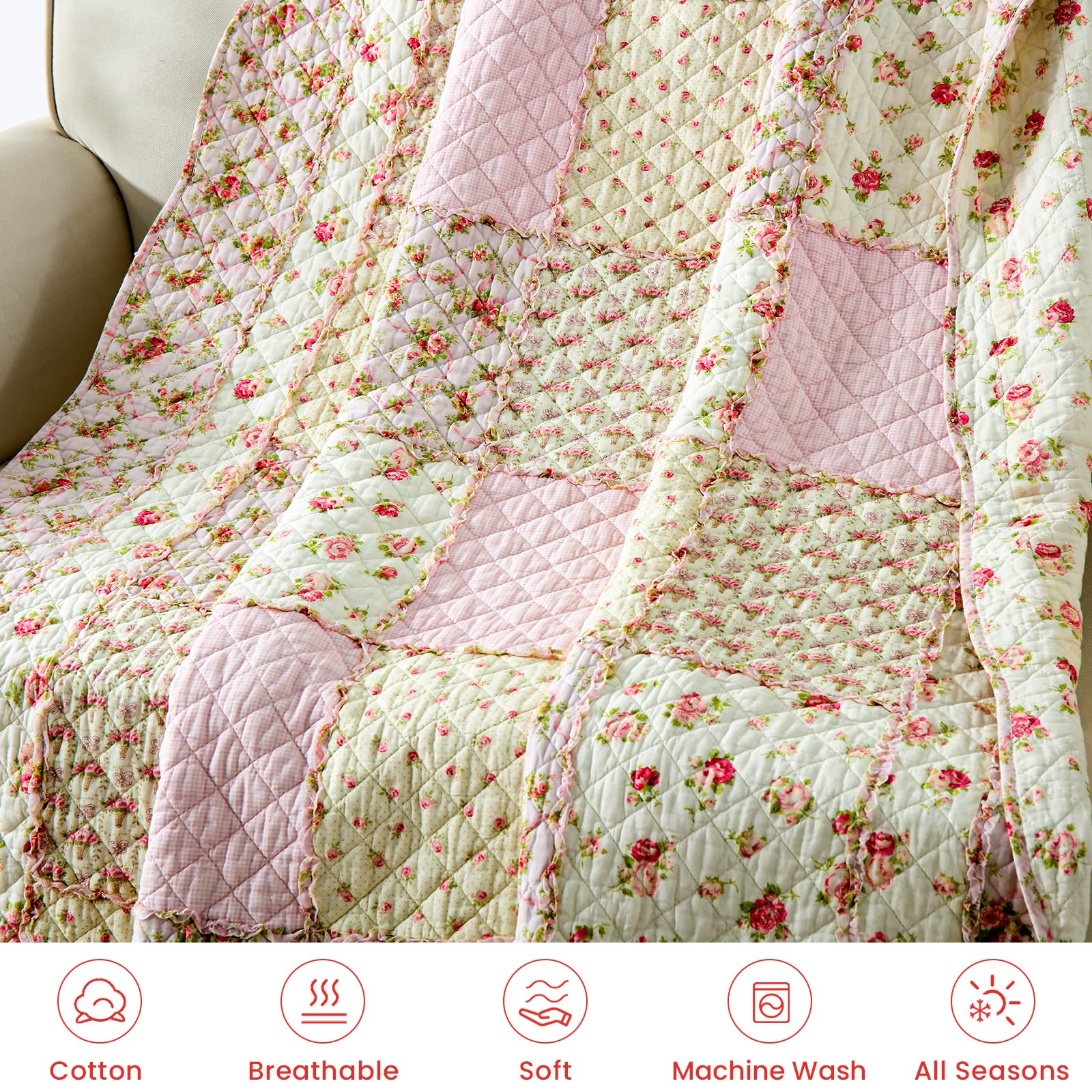 Qucover Pink Floral Patchwork Quilt – 100% Cotton Single Bedspread 150x200cm