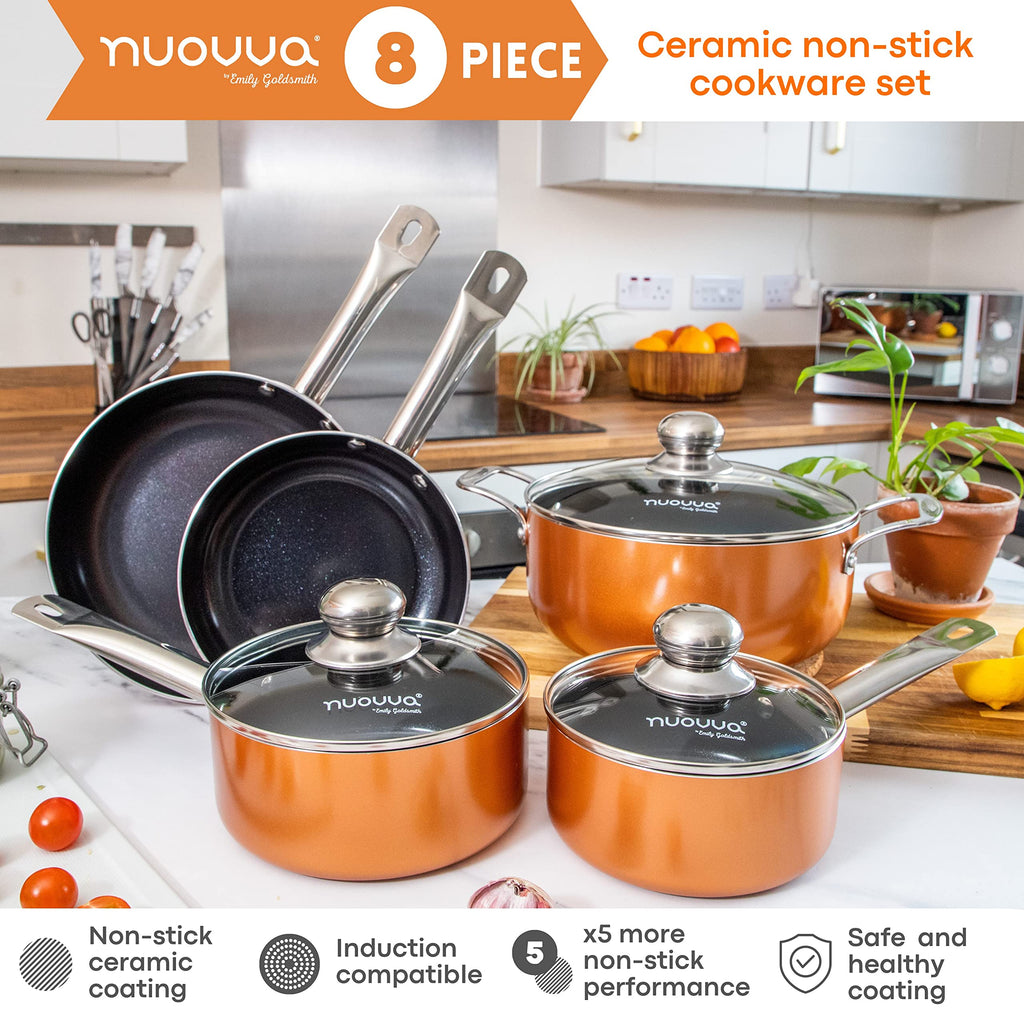 Nuovva 8pc Copper Non-Stick Cookware Set – Ceramic Induction Pots and Pans