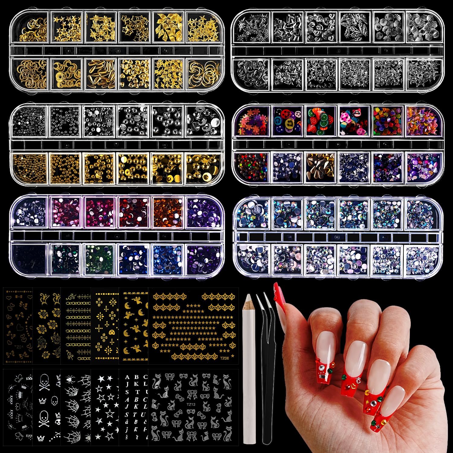 JODSONE Nail Art Rhinestones Kit | 6 Boxes of Gems, Charms & Tools