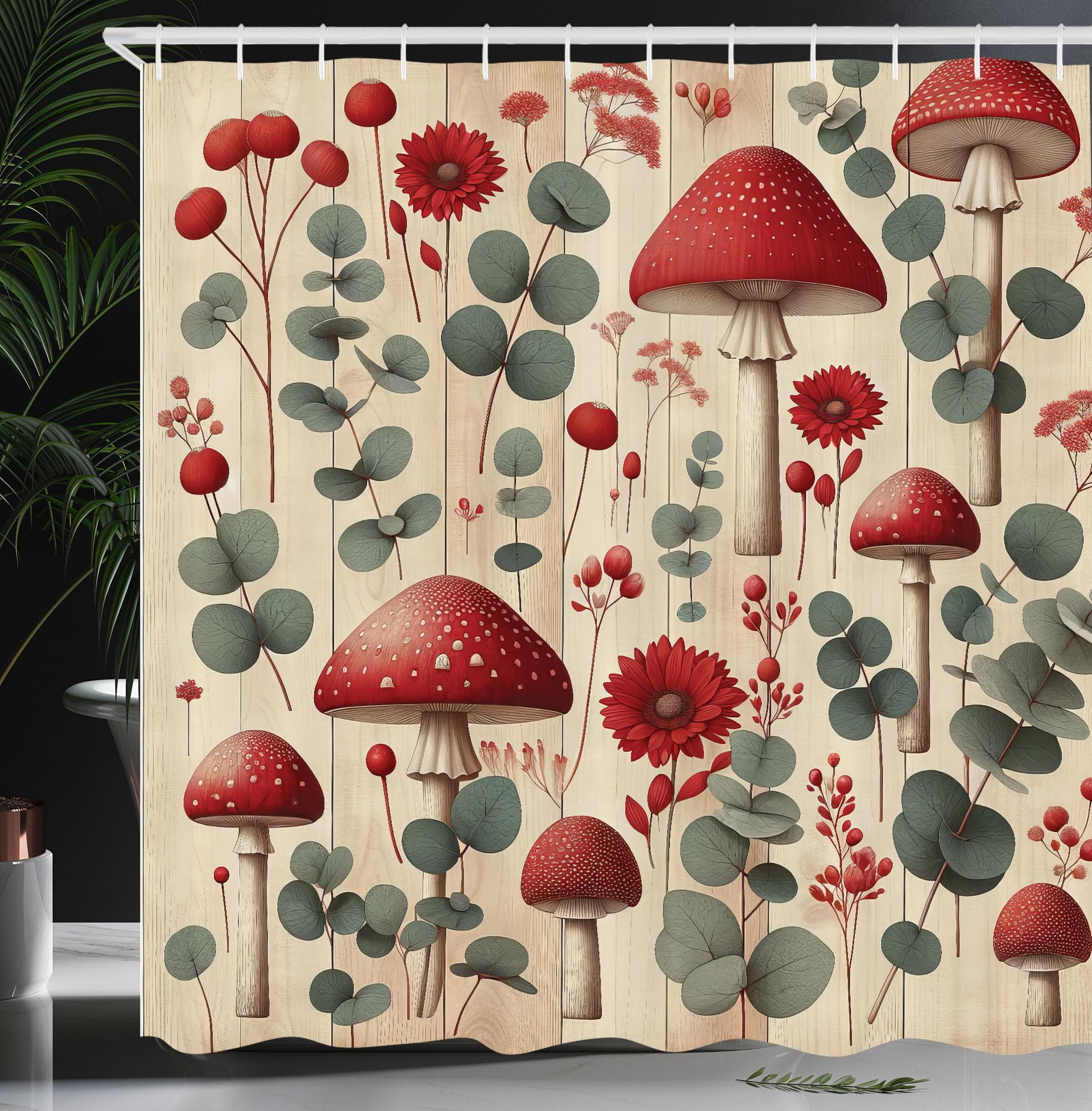 ABAKUHAUS Floral Woodland Mushroom Shower Curtain – Waterproof Fabric