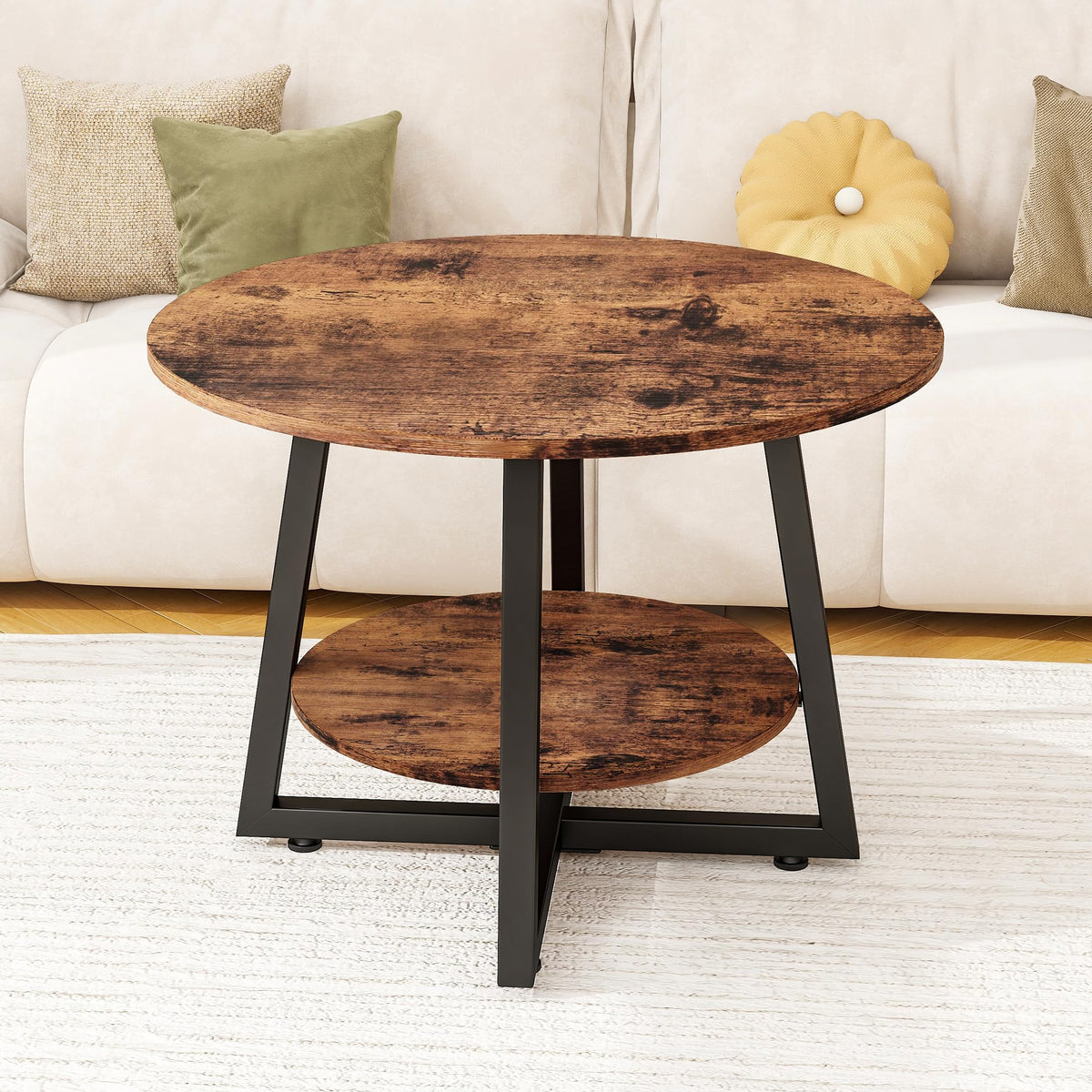 FOUBAM Round Coffee Table with Storage,Metal Small Coffee Table,Brown - image 5
