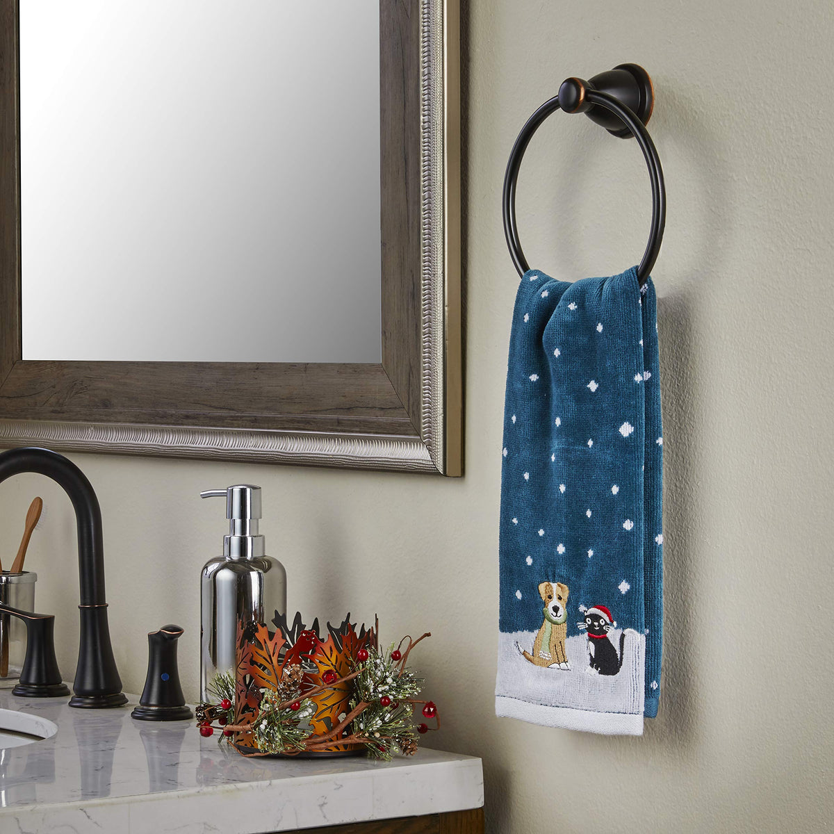 SKL Home Christmas/Winter Cat & Dog Hand Towel 2pc Set for Bath/Kitchen & Gift, Teal