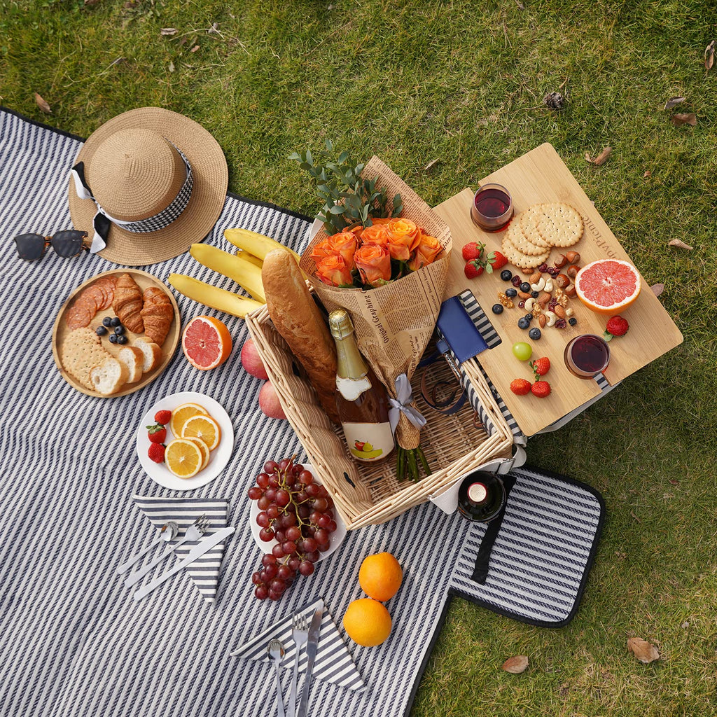 Jolof Store Wicker Picnic Basket for 2 with Bamboo Wine Table & Blanket