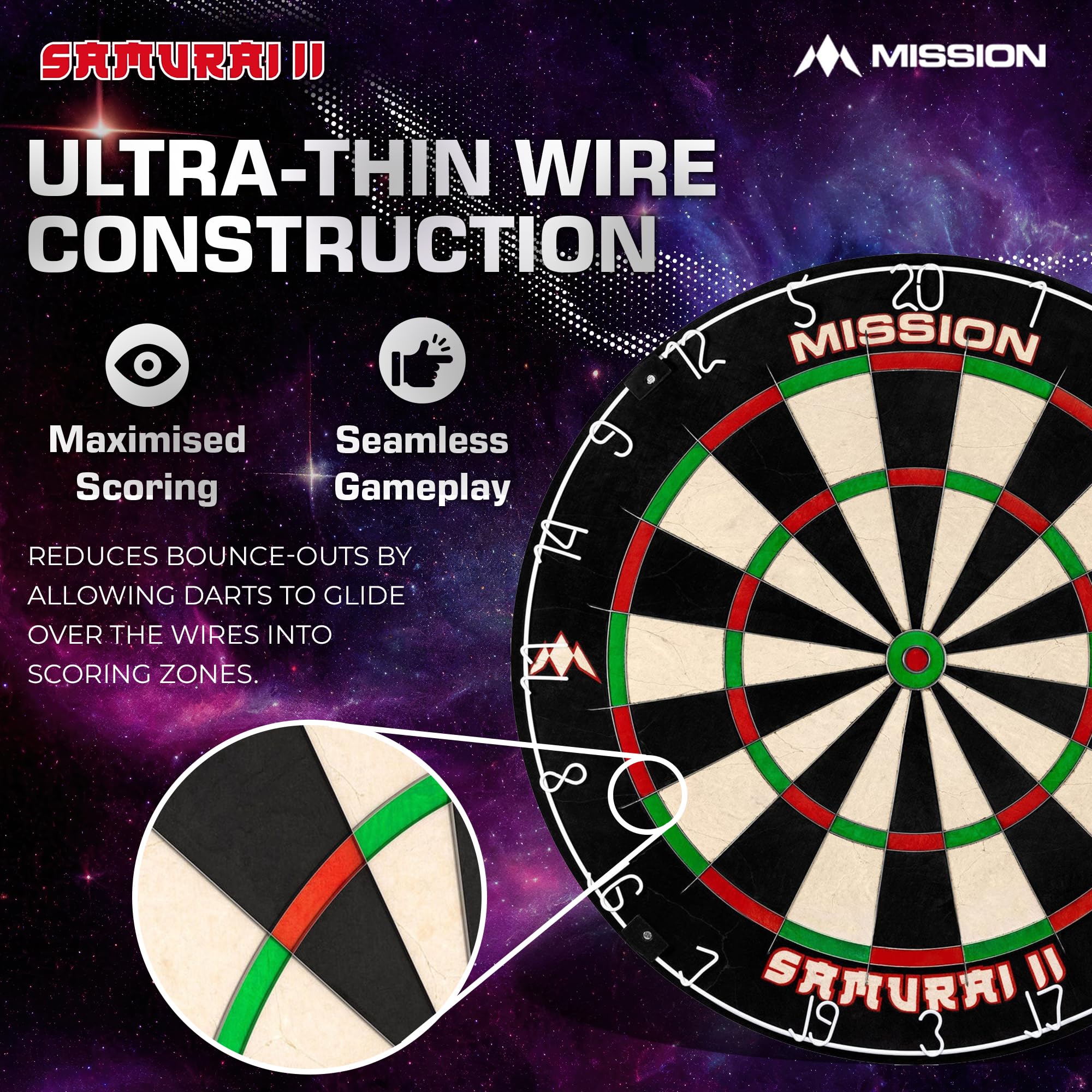 Mission Samurai II Professional Sisal Dartboard – Ultra Thin Wire