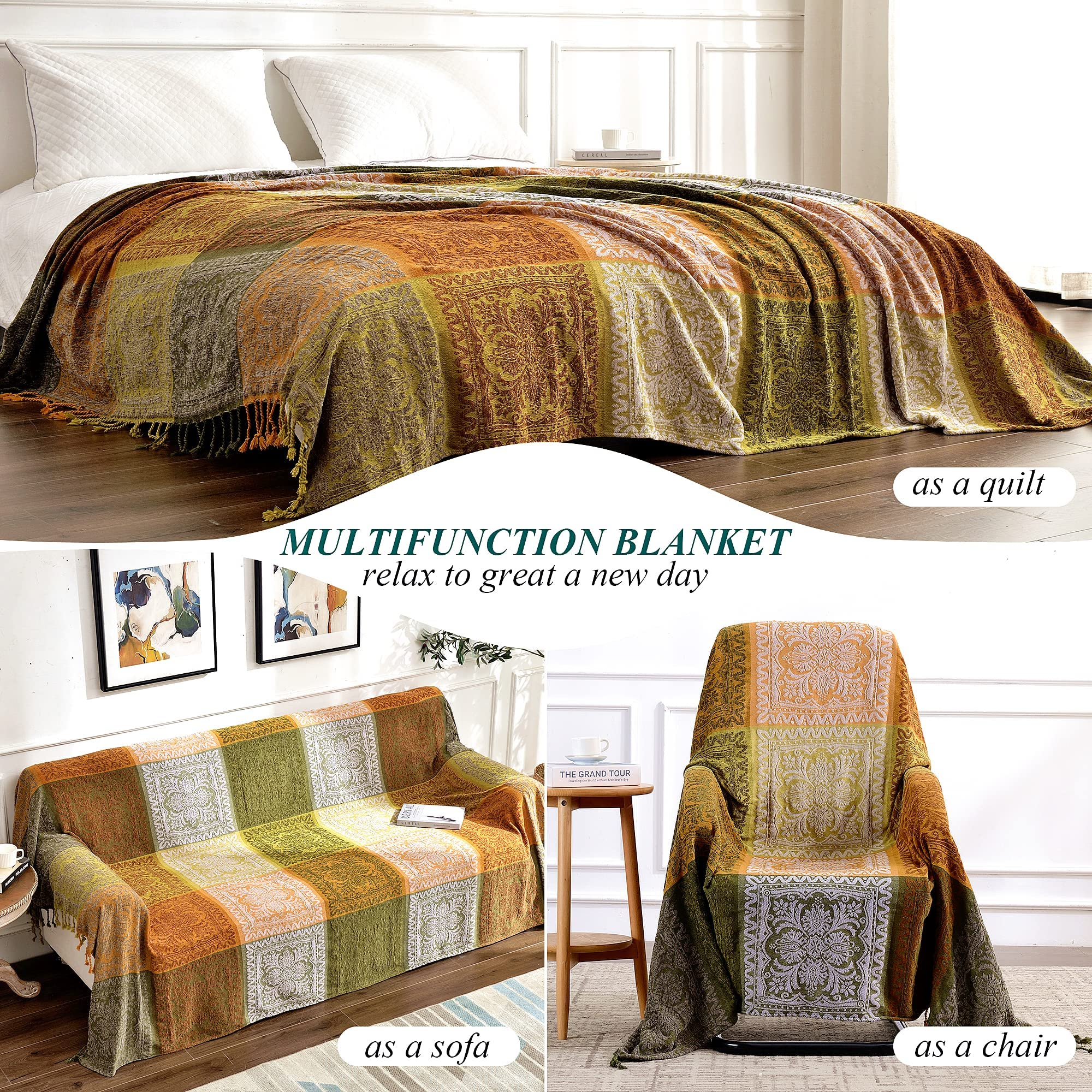 Edcooy Bohemian Chenille Throw Blanket with Tassels for Sofa – Green