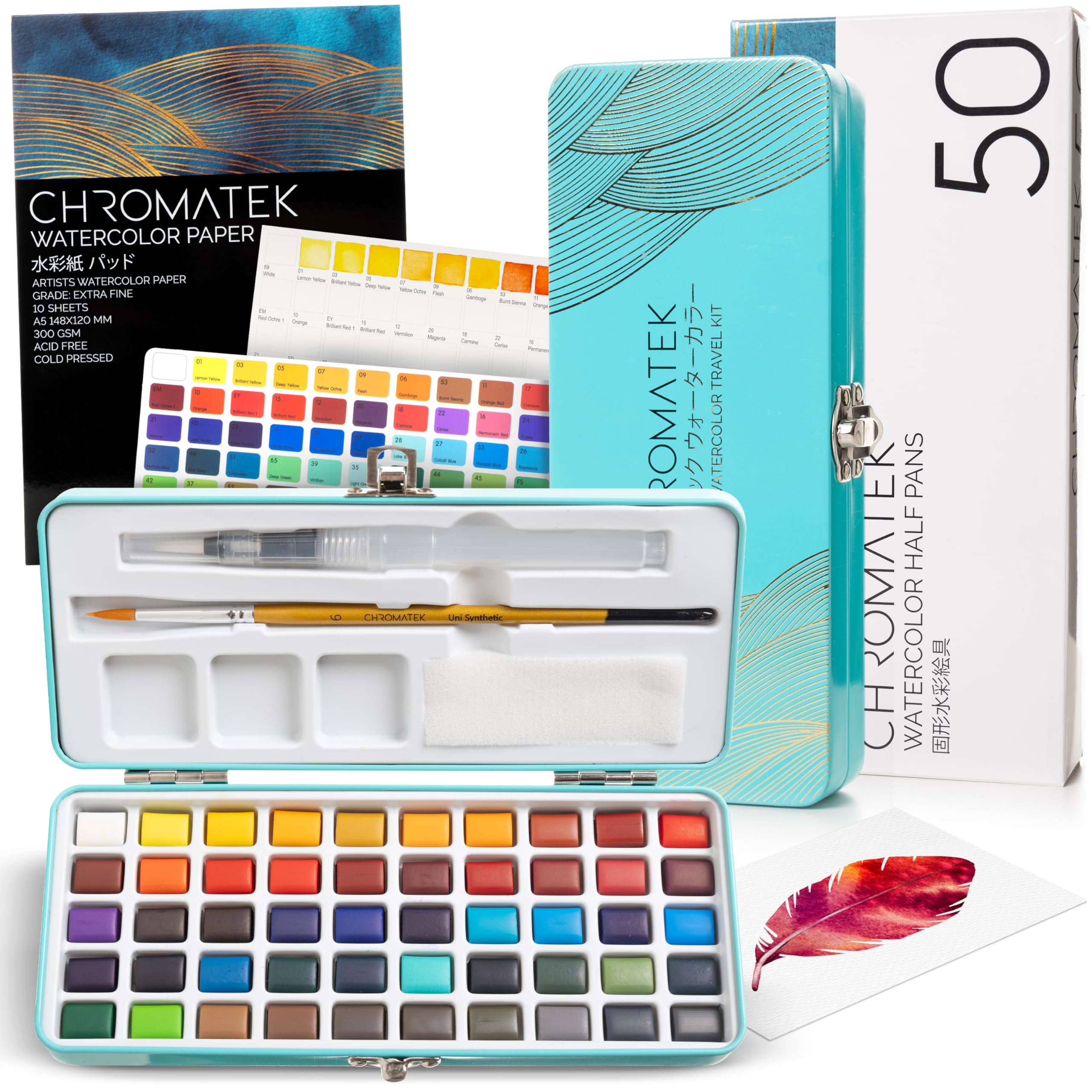 Chromatek Watercolour Paint Set – 50 Vivid Colours with Travel Art Kit