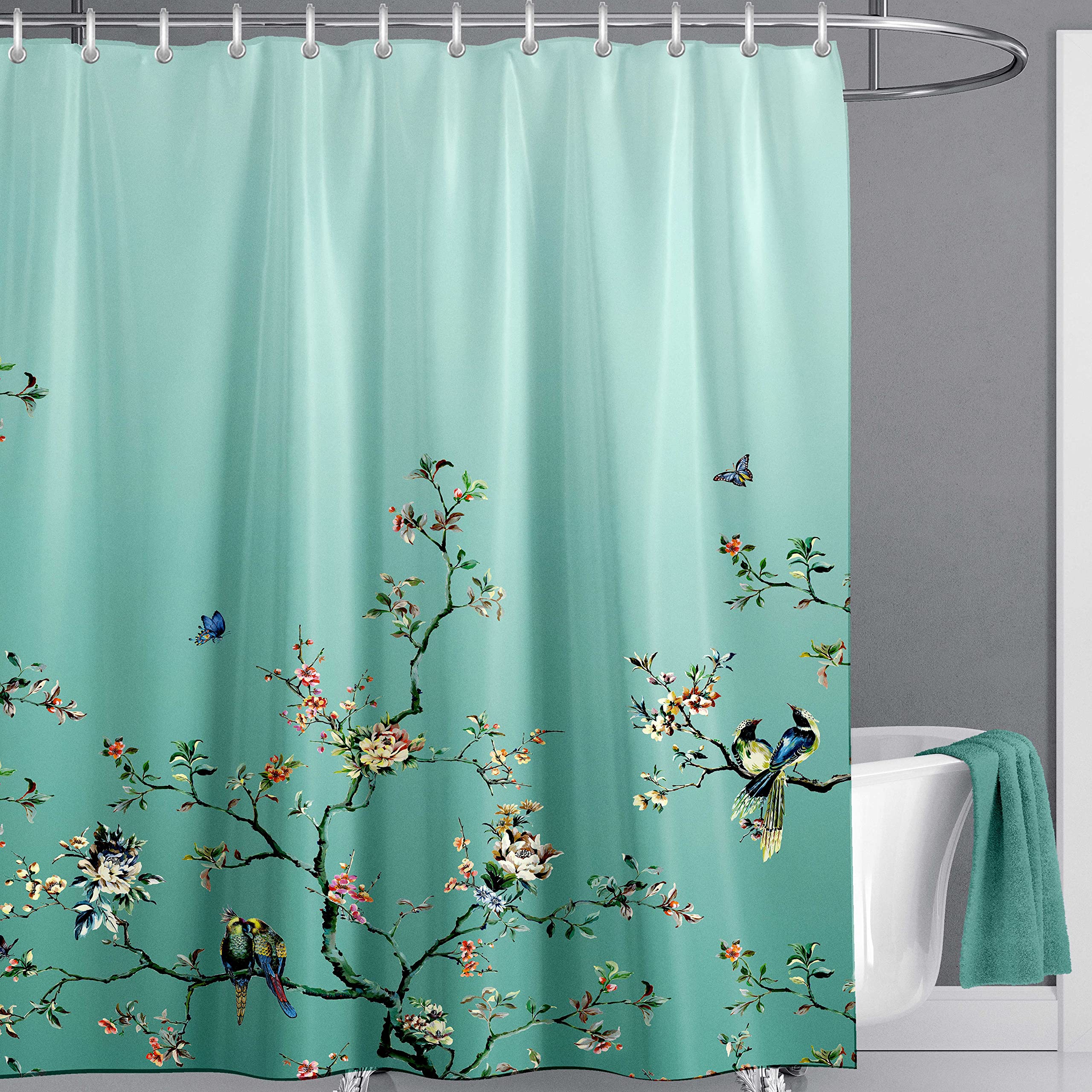 LIVETTY Ombre Green Bird Floral Shower Curtain | 180x200cm Waterproof Fabric