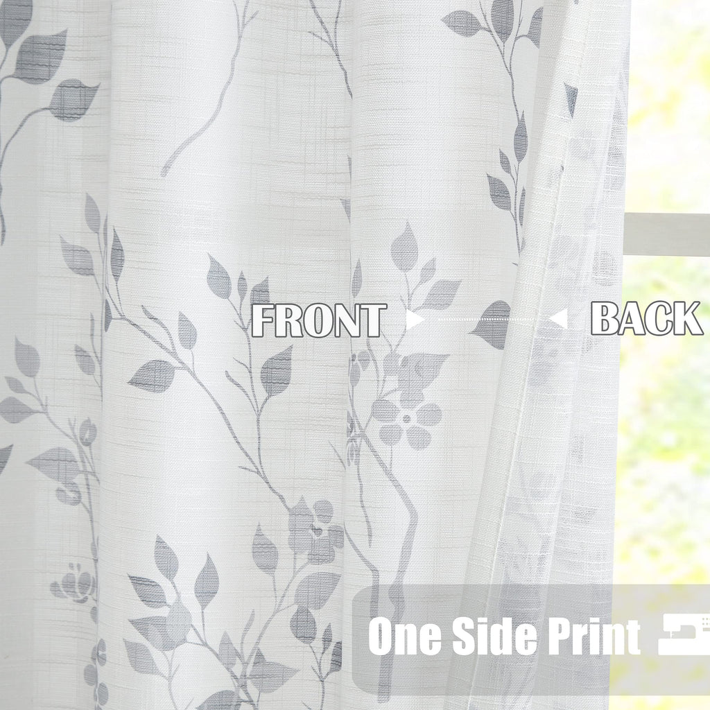 Beauoop Grey Floral Semi Sheer Curtains - Linen Textured Leaf Print, 2 Panels