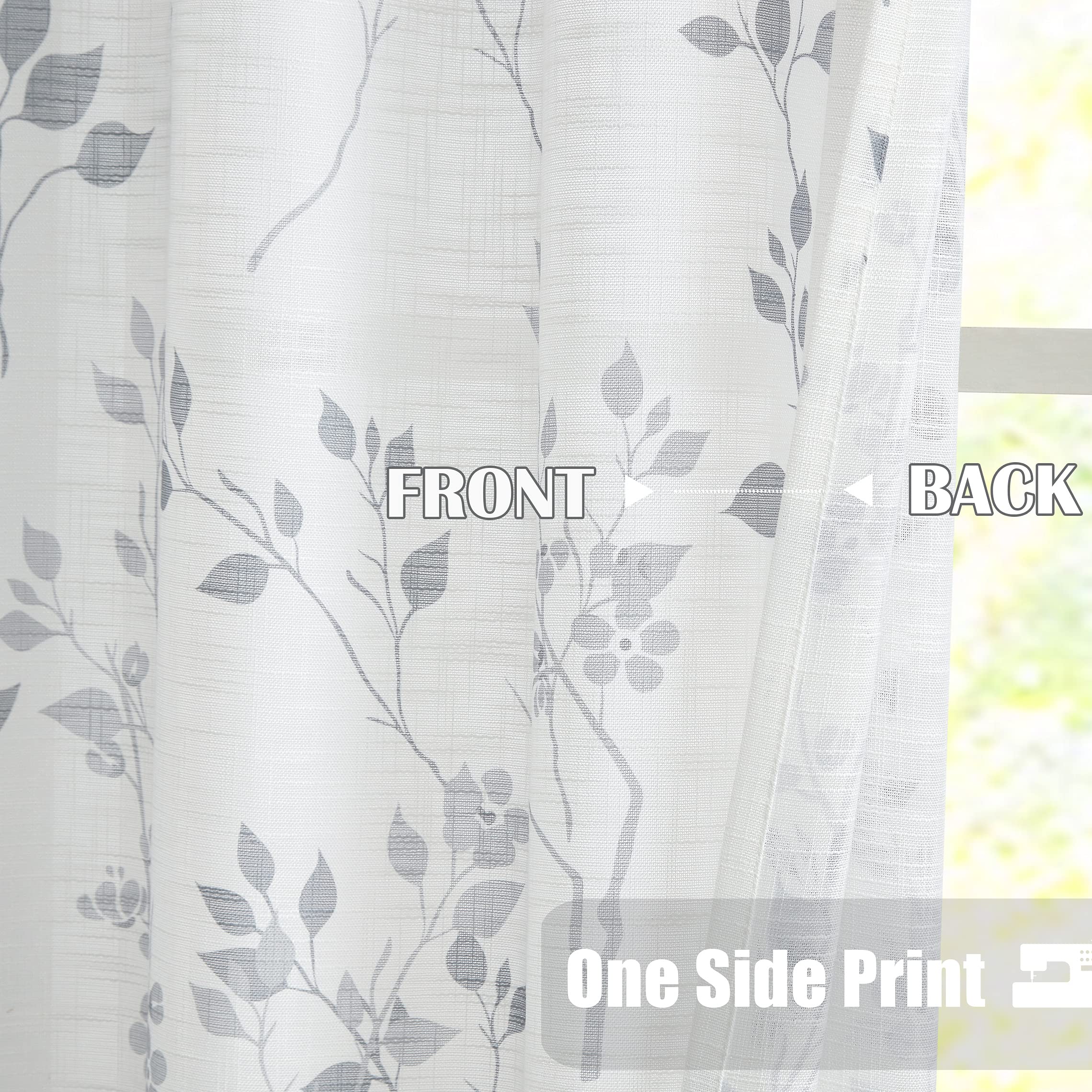 Beauoop Grey Floral Semi Sheer Curtains - Linen Textured Leaf Print, 2 Panels