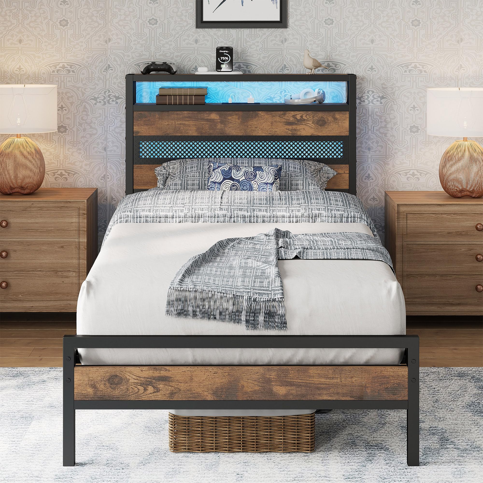 IRONCK 3ft Single Metal Bed Frame with LED Storage Headboard - Brown