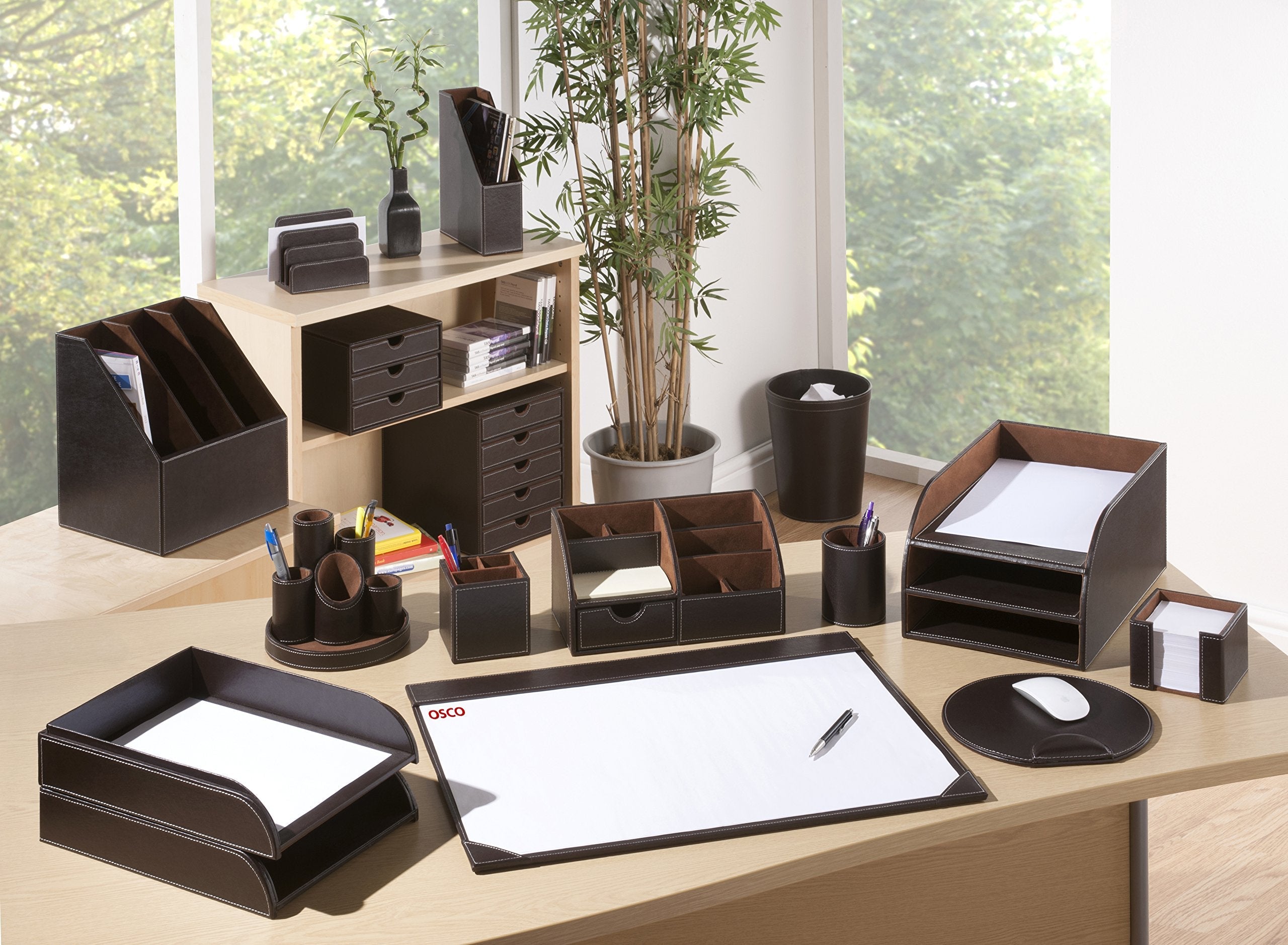 OSCO Brown Faux Leather 2-Tier Desk Sorter and A4 Letter Tray Organizer