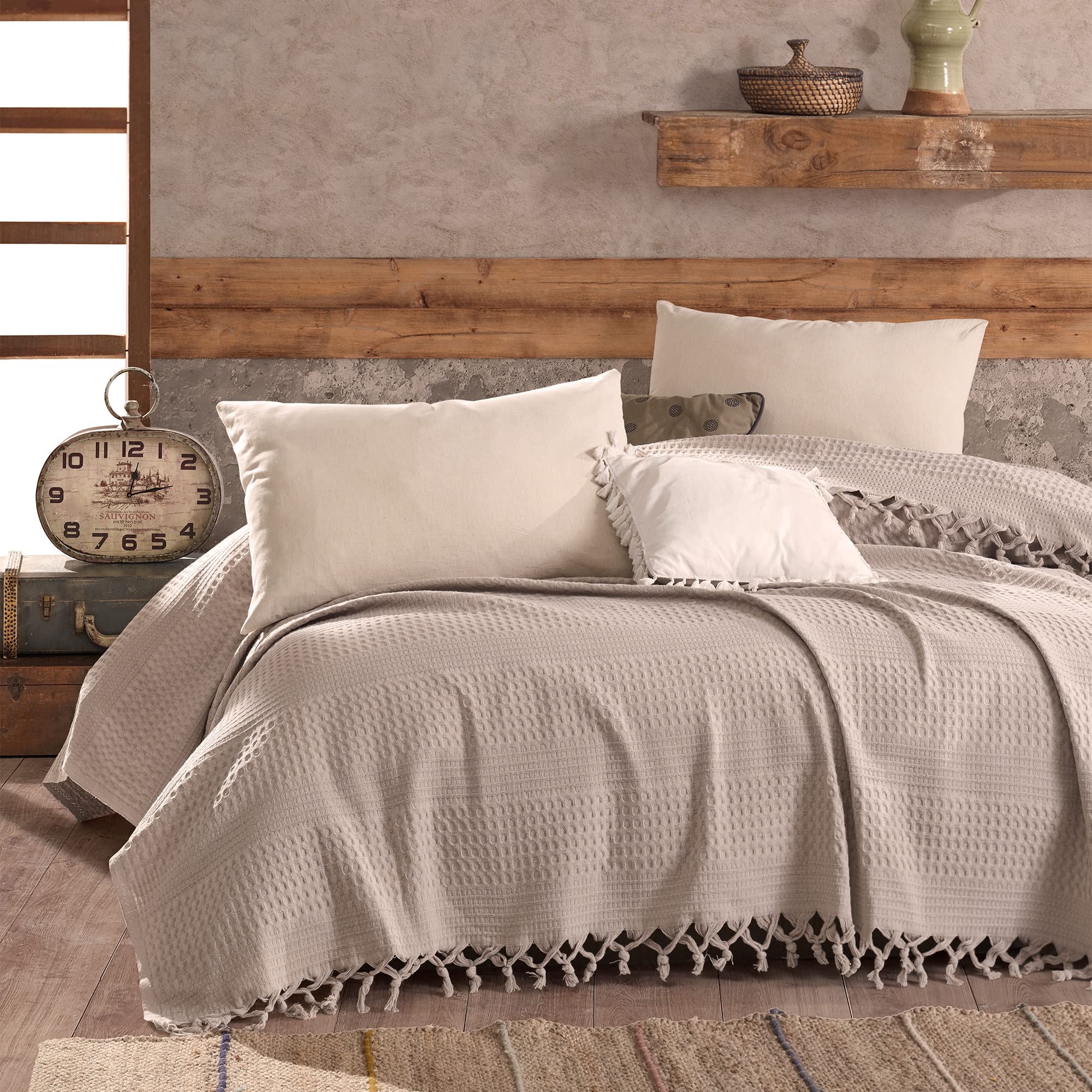Milam London Beige Cotton Waffle Throw Blanket | King Size Bedspread