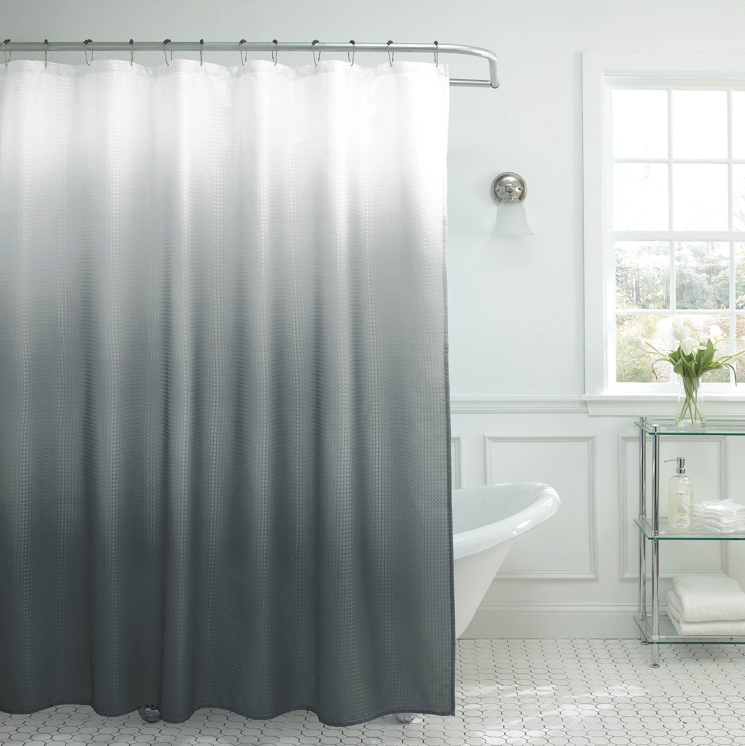 Creative Home Ideas Ombre Waffle Shower Curtain Set with 12 Hooks, Dark Grey