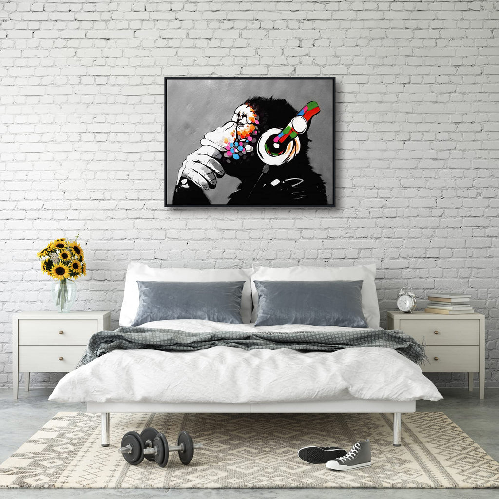 Banksy Monkey with Headphones Framed Canvas Wall Art – 33x25