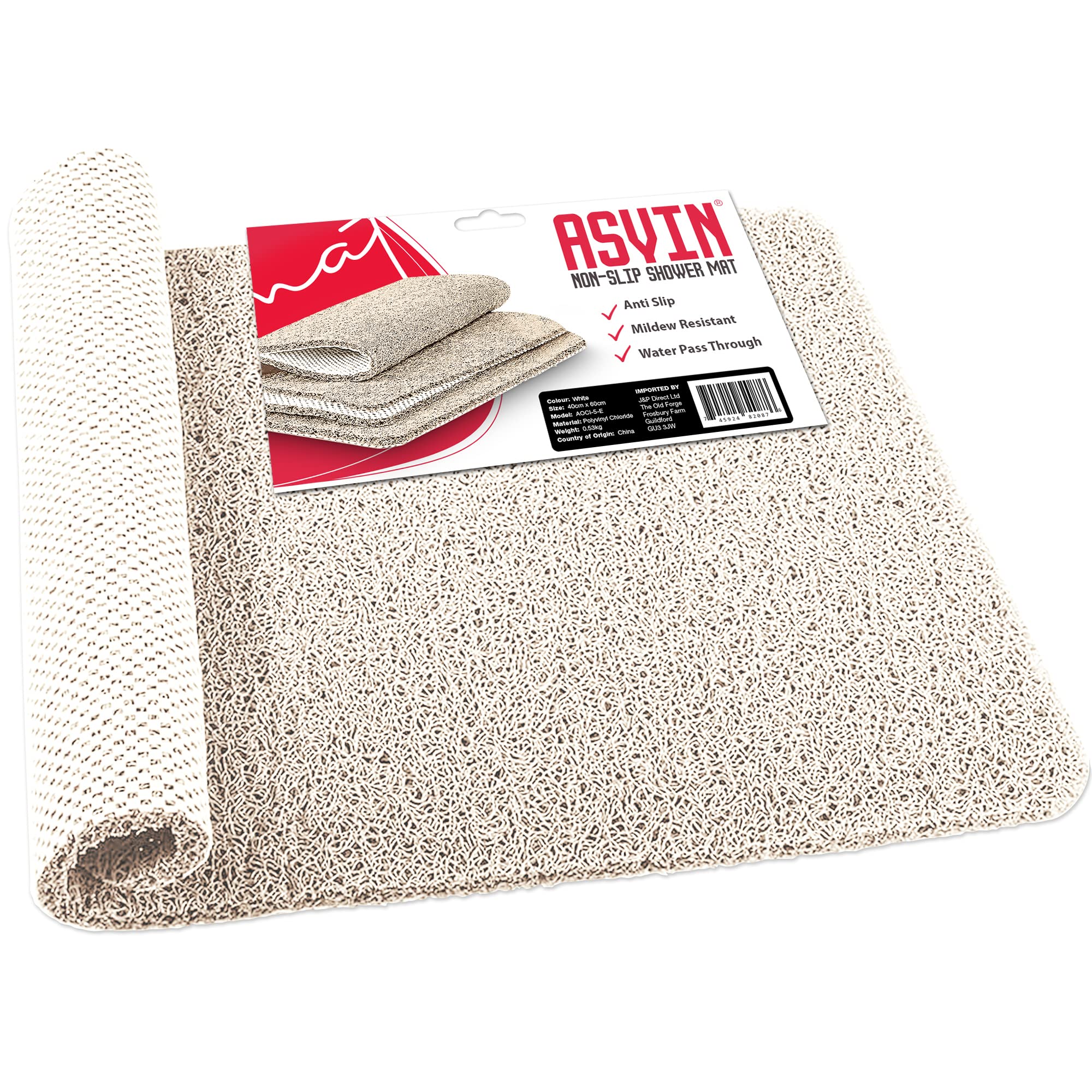 Asvin Anti-Slip Bath & Shower Mat – White Loofah Rubber (40x60cm)