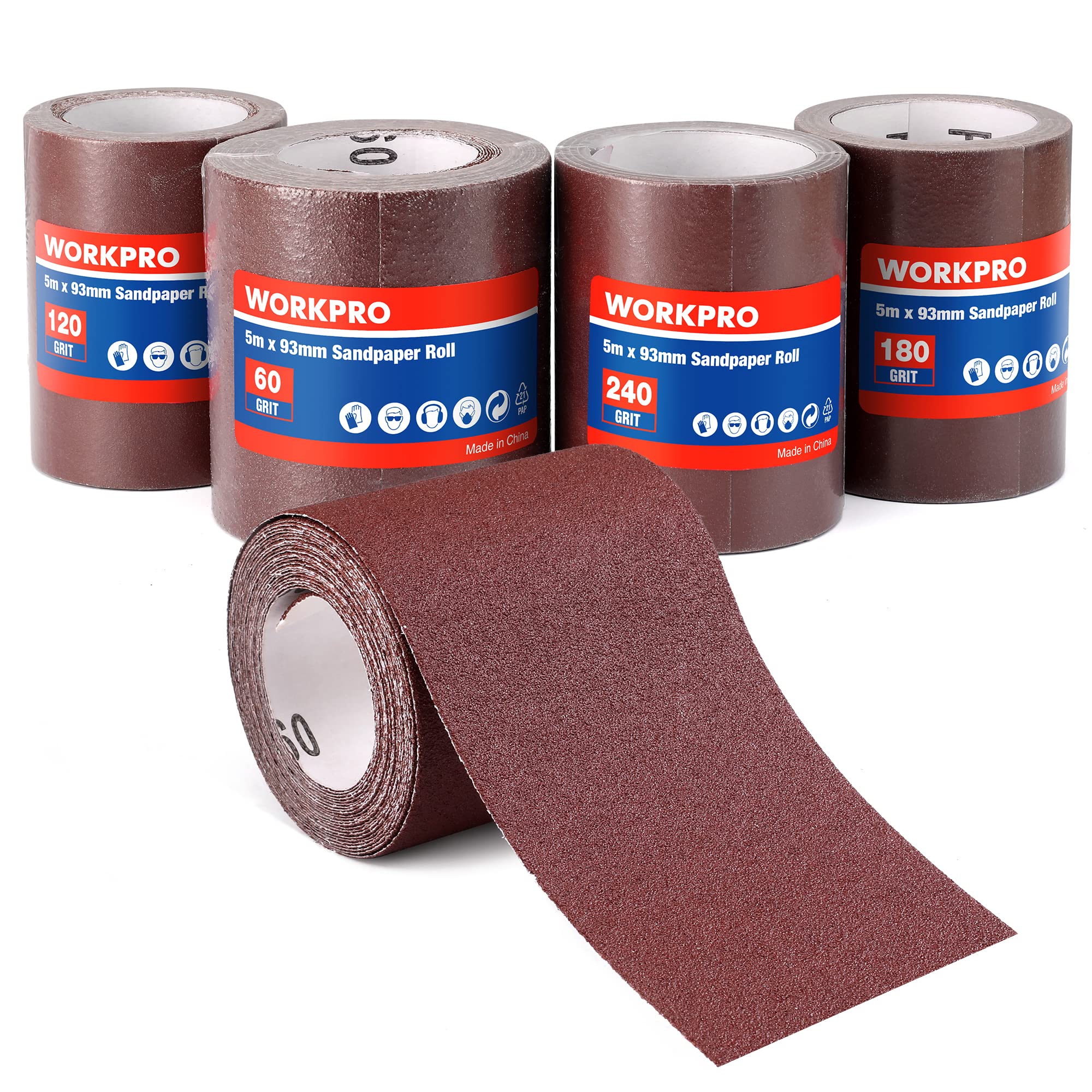 WORKPRO Sandpaper Roll Set | 4 Rolls 60-240 Grit Aluminium Oxide