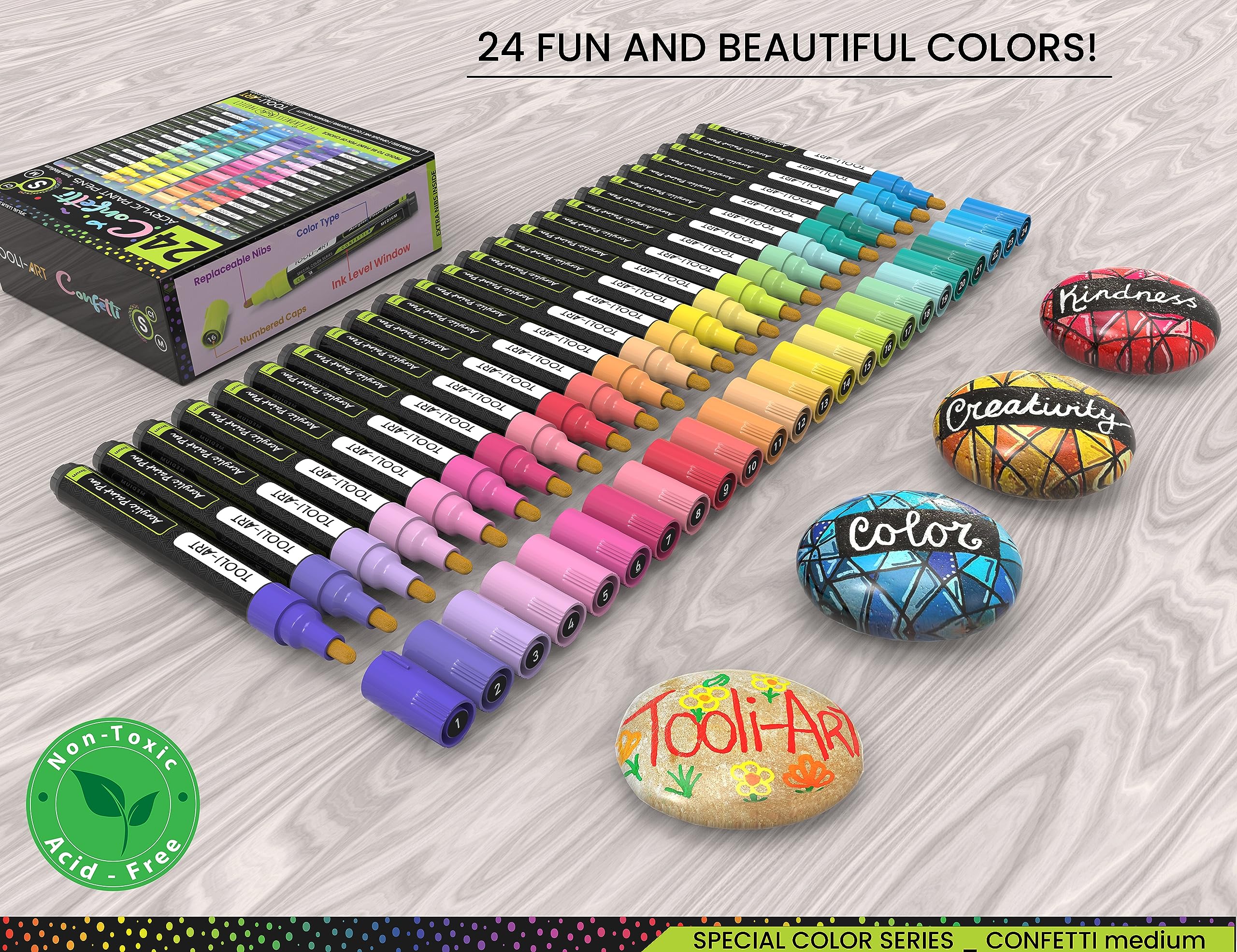 24 Confetti Acrylic Paint Pens - 3mm Medium Tip Markers