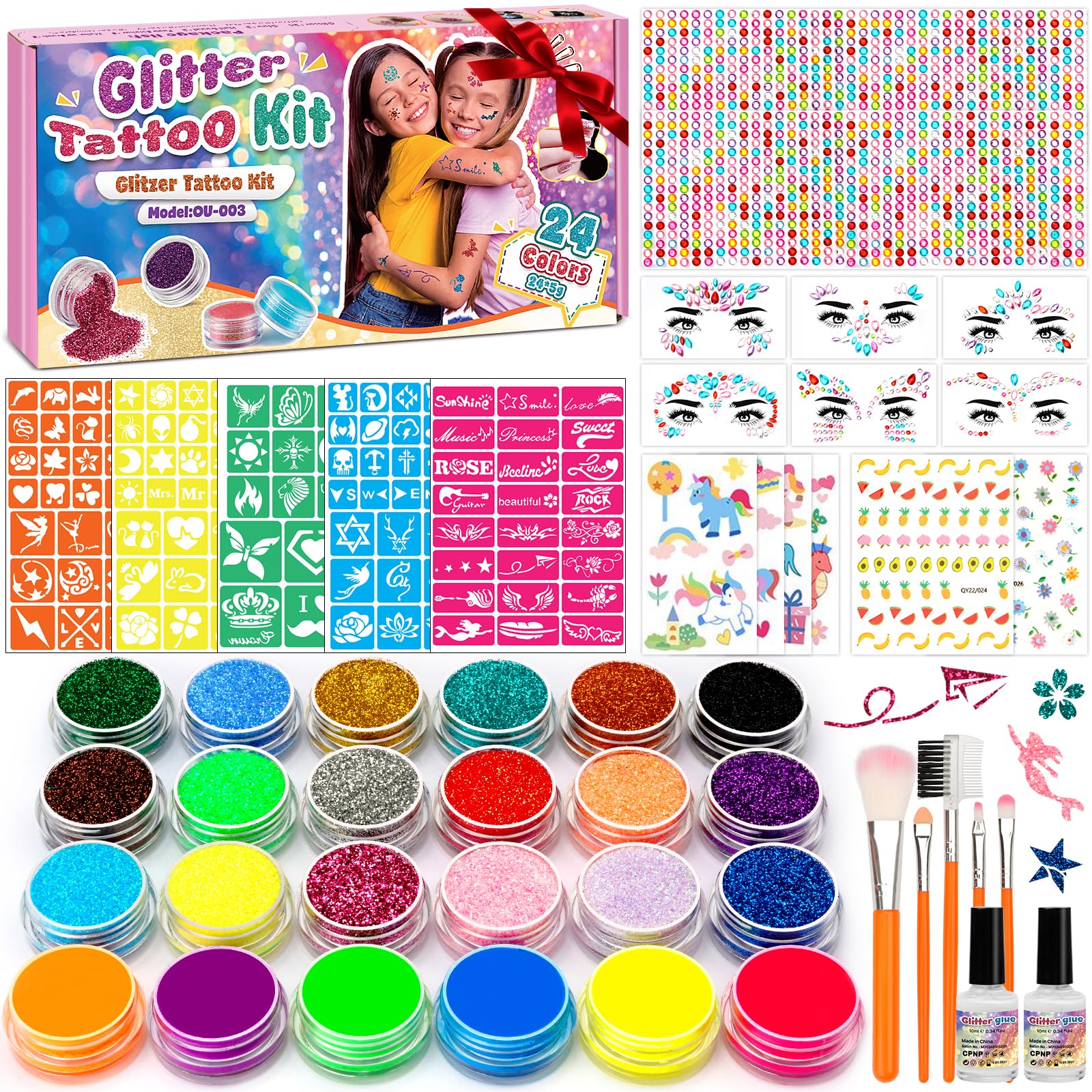 KHOLEZ Glitter Tattoos for Kids – 24 Color Temporary Body Art & Face Kit