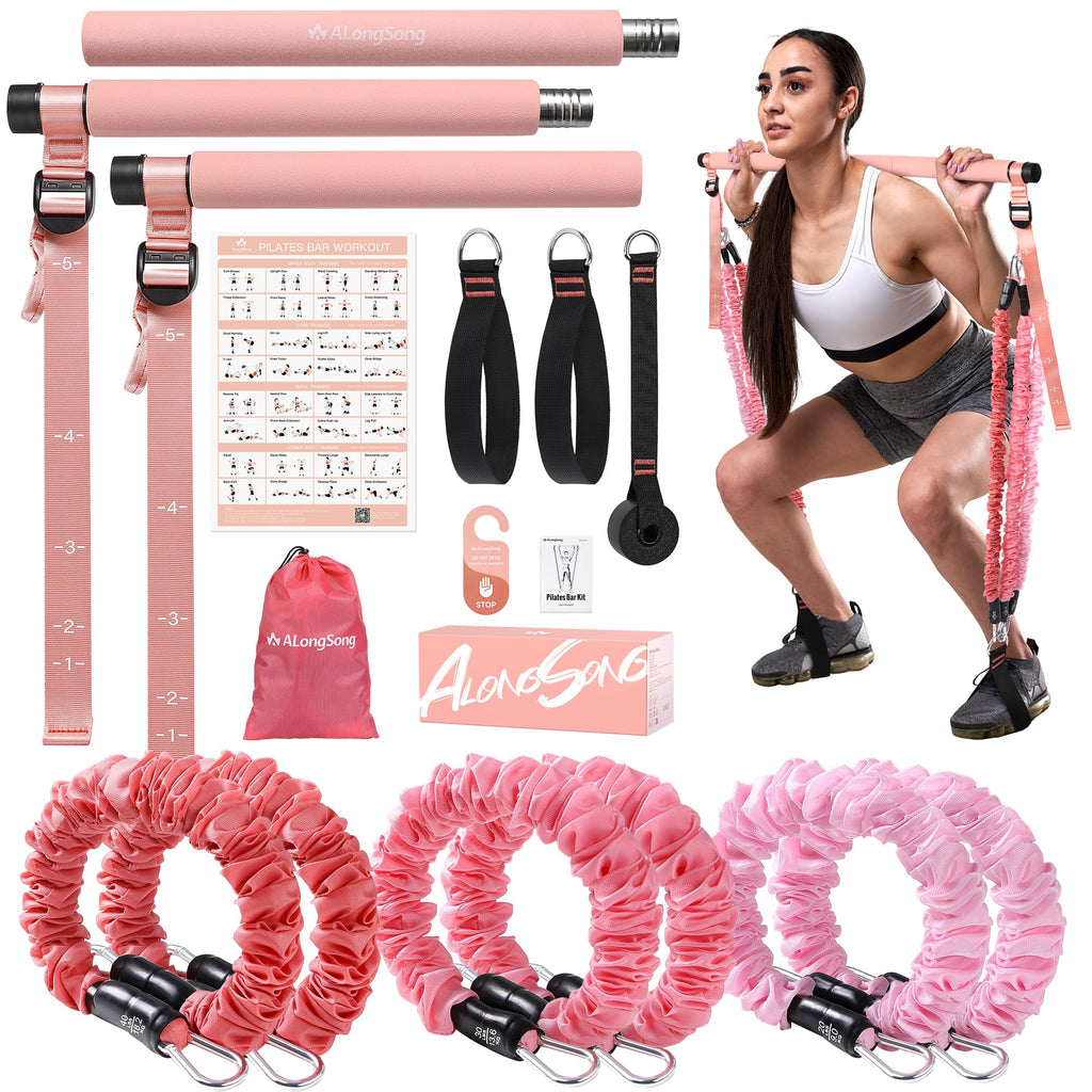 ALongSong Pilates Bar Reformer with 6 Resistance Bands - Coral Pink