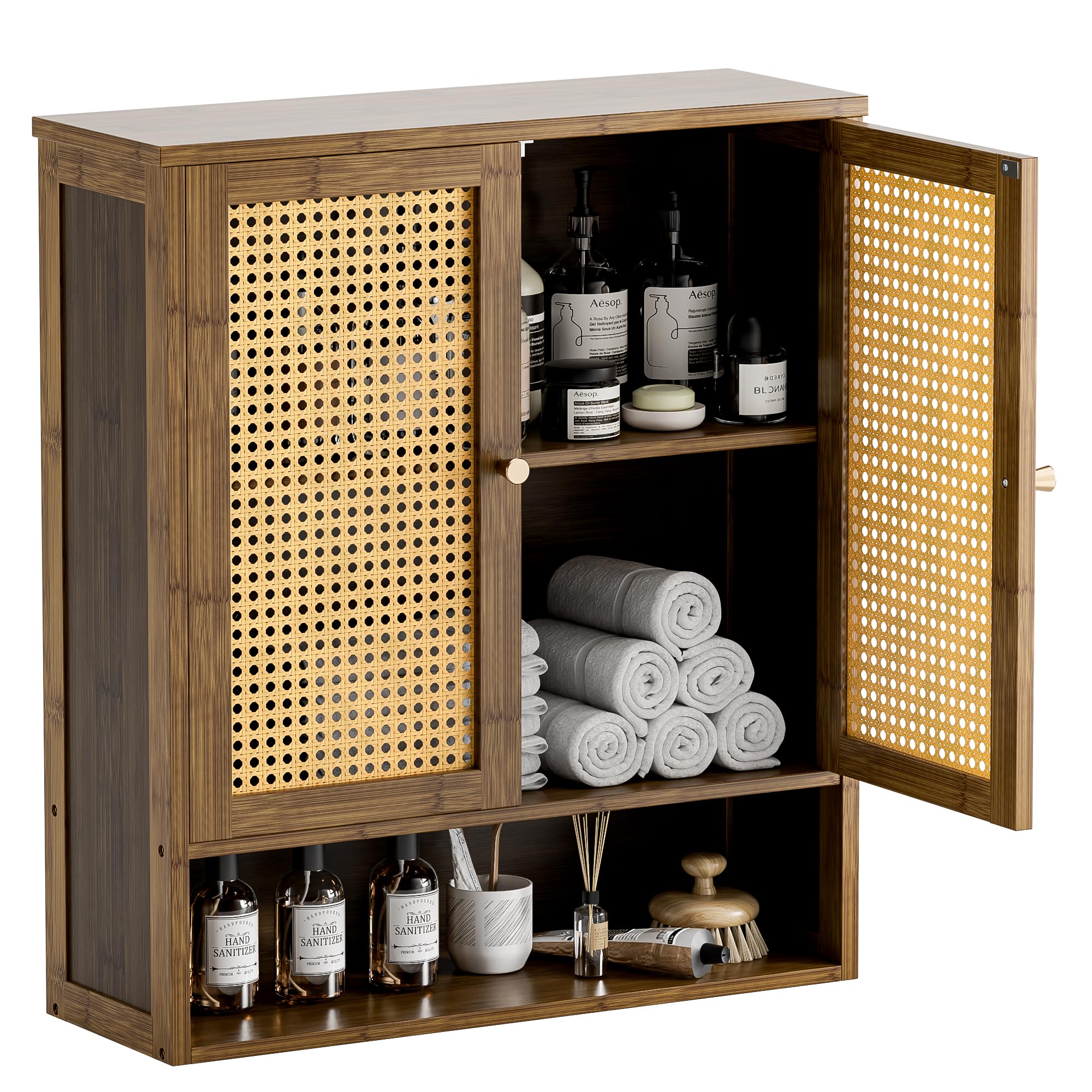 HITNET Rattan Bathroom Medicine Cabinet – Wall Mount Bamboo Storage, Walnut