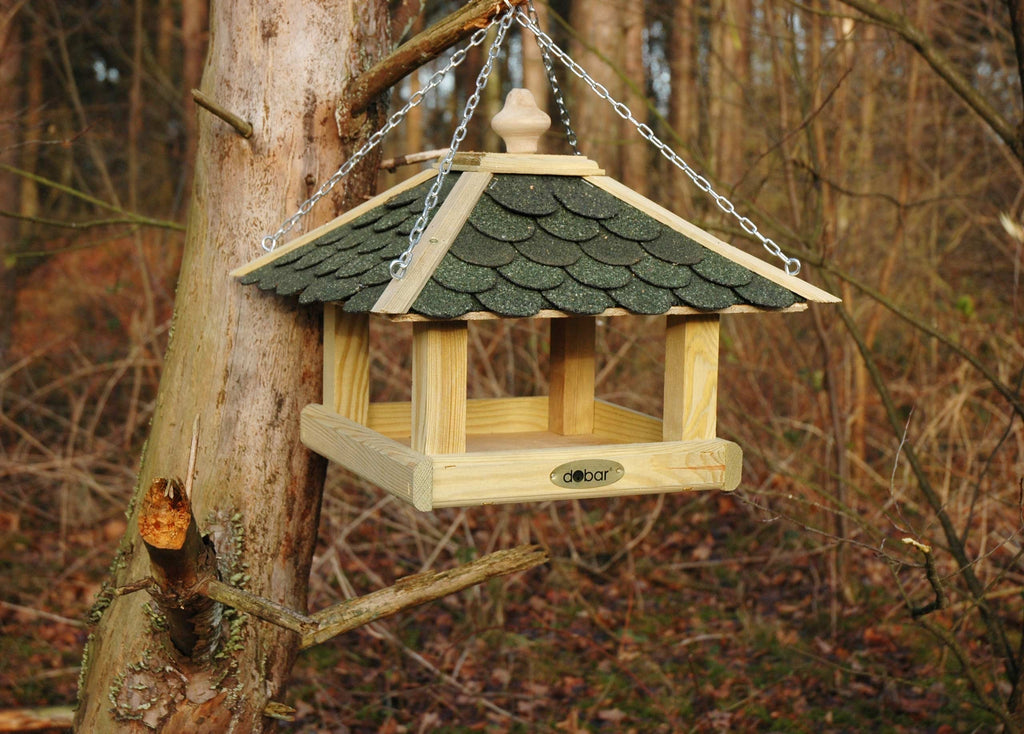 dobar Wooden Bird House – Weatherproof Pine Feeder with Green Bitumen Roof