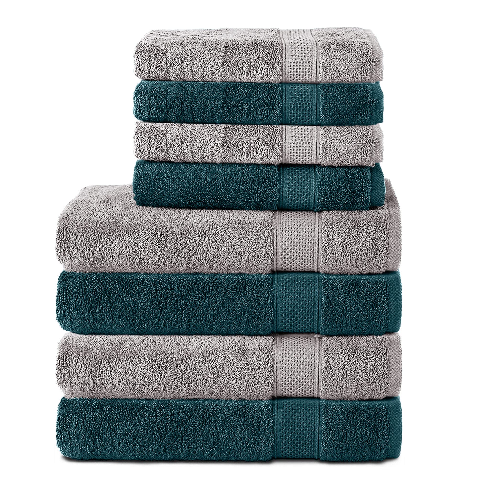 Komfortec 8-Piece Cotton Towel Set – 4 Bath & 4 Hand Towels, Silver/Petrol