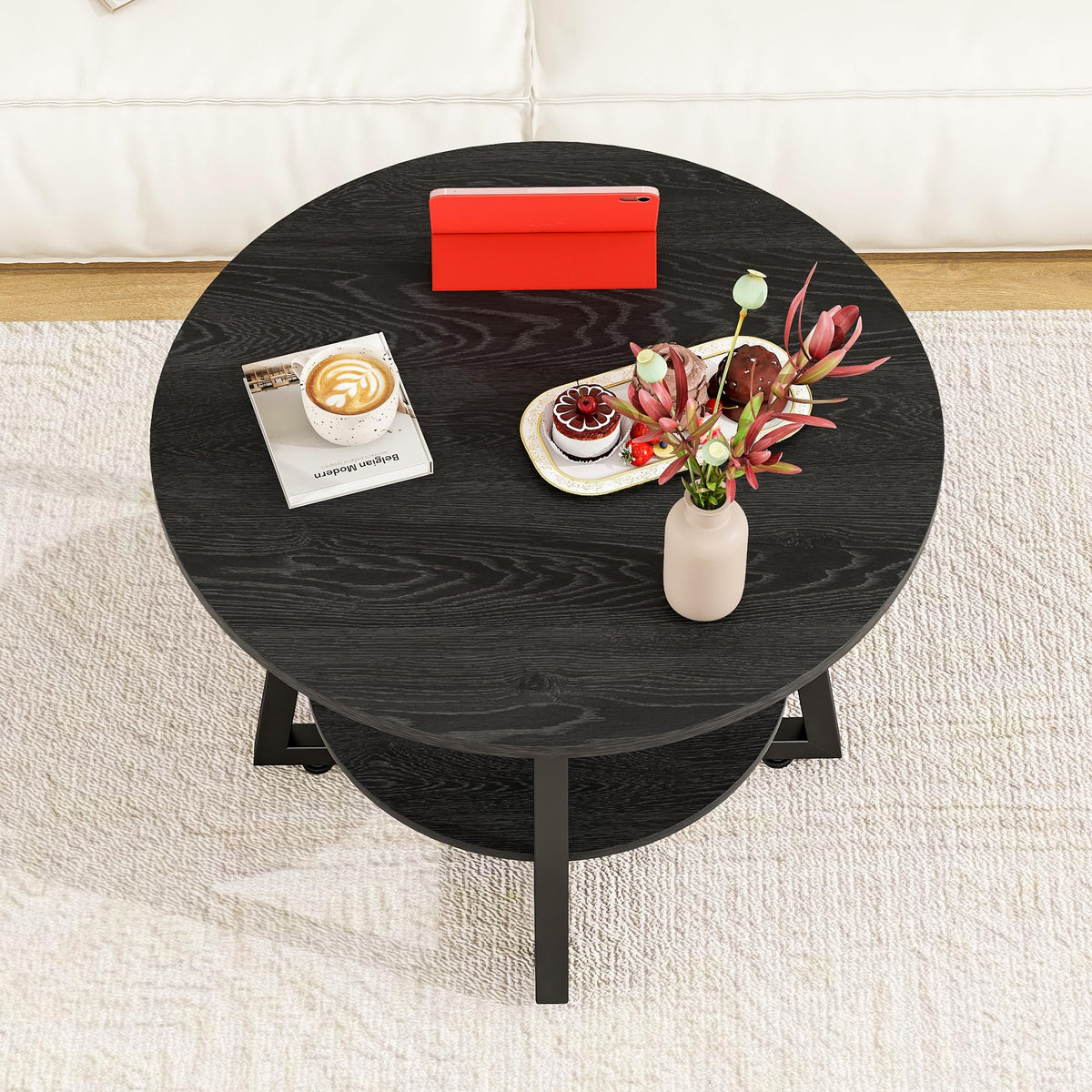 FOUBAM Round Coffee Table with Storage,Metal Small Coffee Table,Black - image 2