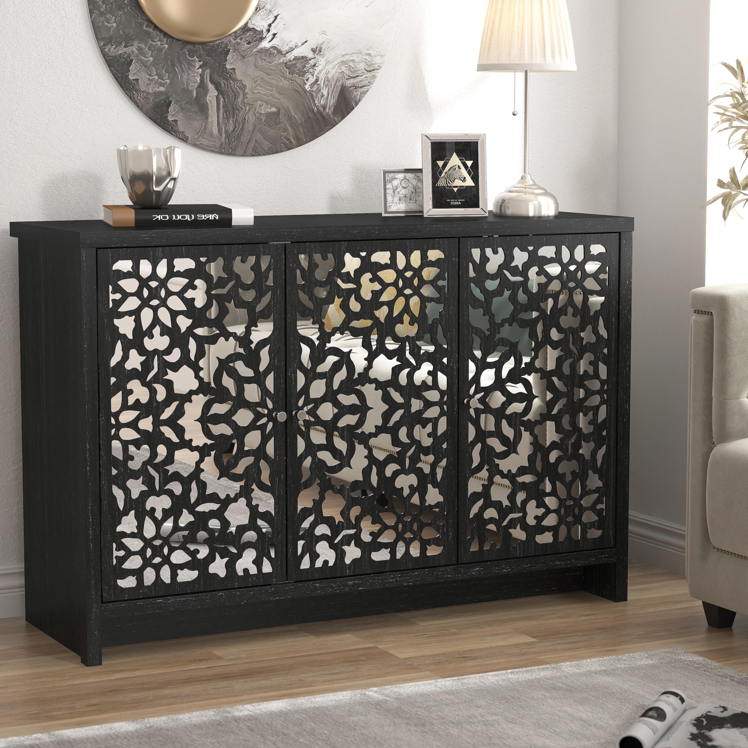 Galano Norwich 3 Door Sideboard – Modern Laser Cut Mirror Cabinet