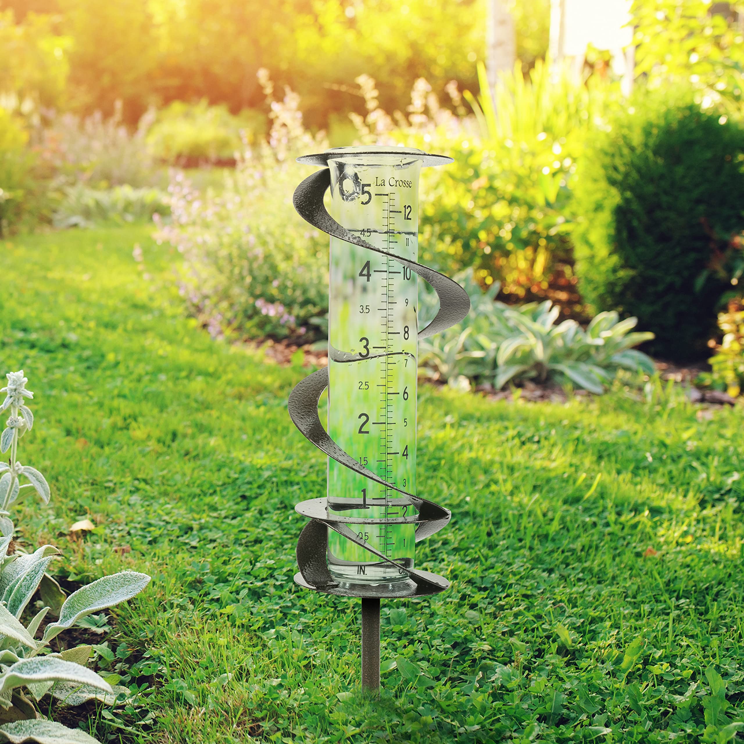 La Crosse Helix Spiral Metal Rain Gauge – Hammered Bronze Artisan Glass