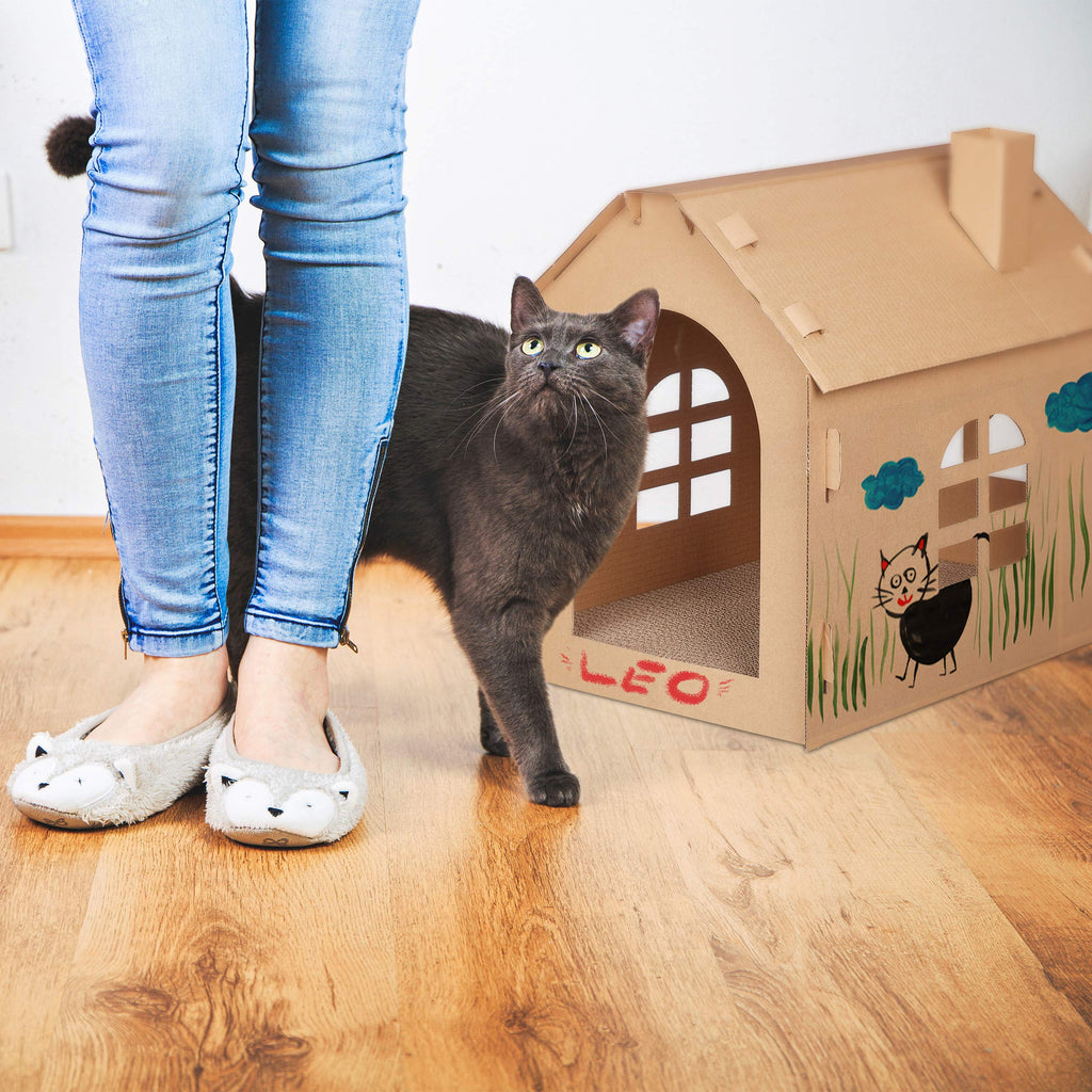 Relaxdays Cardboard Cat House with Scratching Board and Catnip – Brown