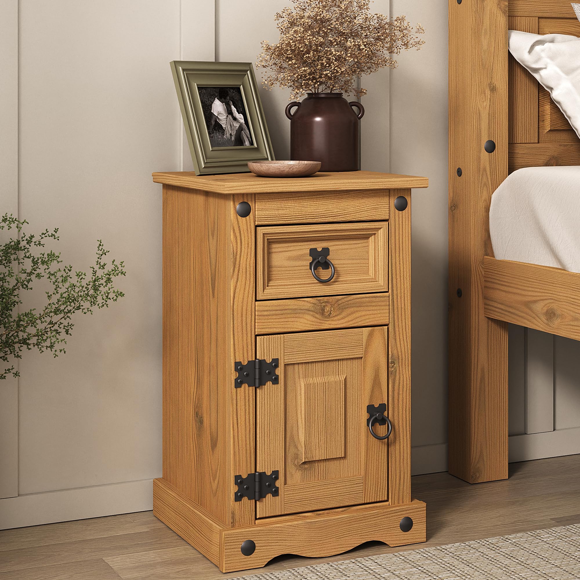 Jolof Store Corona Bedside Table - Mexican Solid Pine 1 Door 1 Drawer