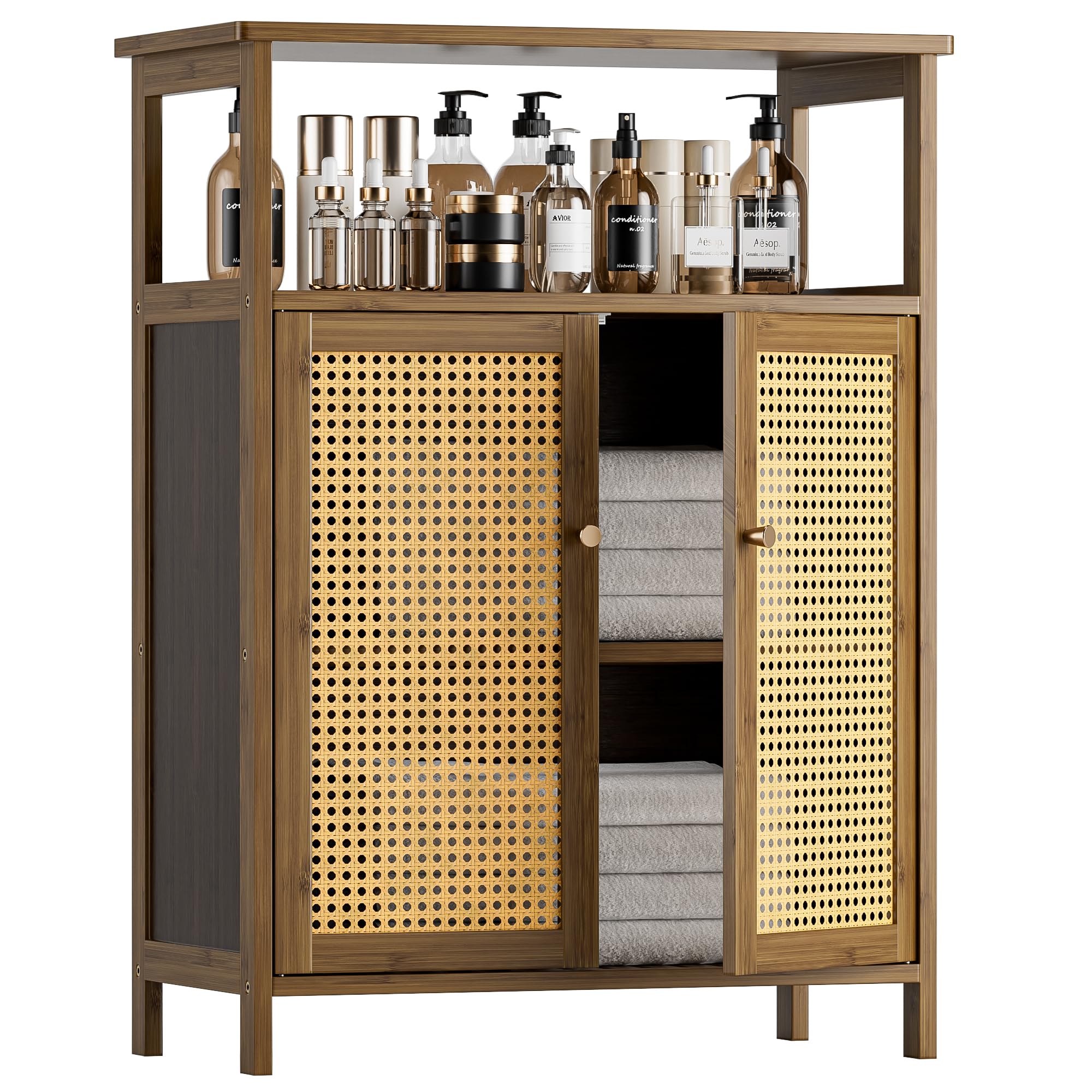 HITNET Rattan Bathroom Floor Cabinet | Bamboo 2-Door Storage Cupboard
