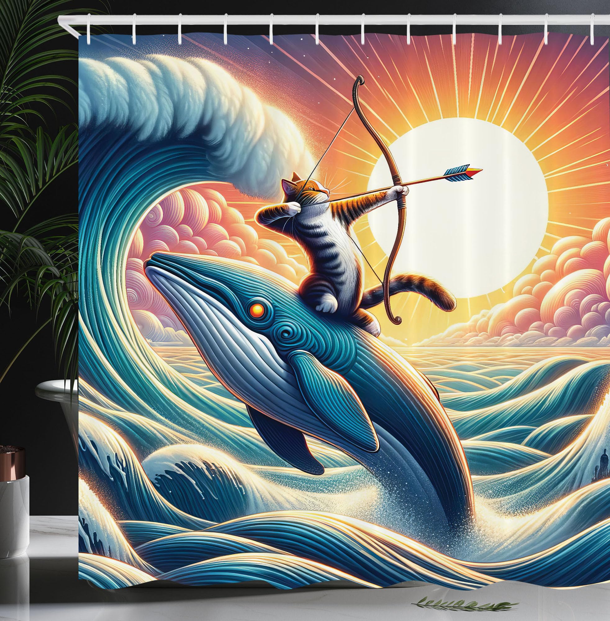 Abakuhaus Nautical Fabric Shower Curtain | Archer Wild Cat Whale | 175x200cm