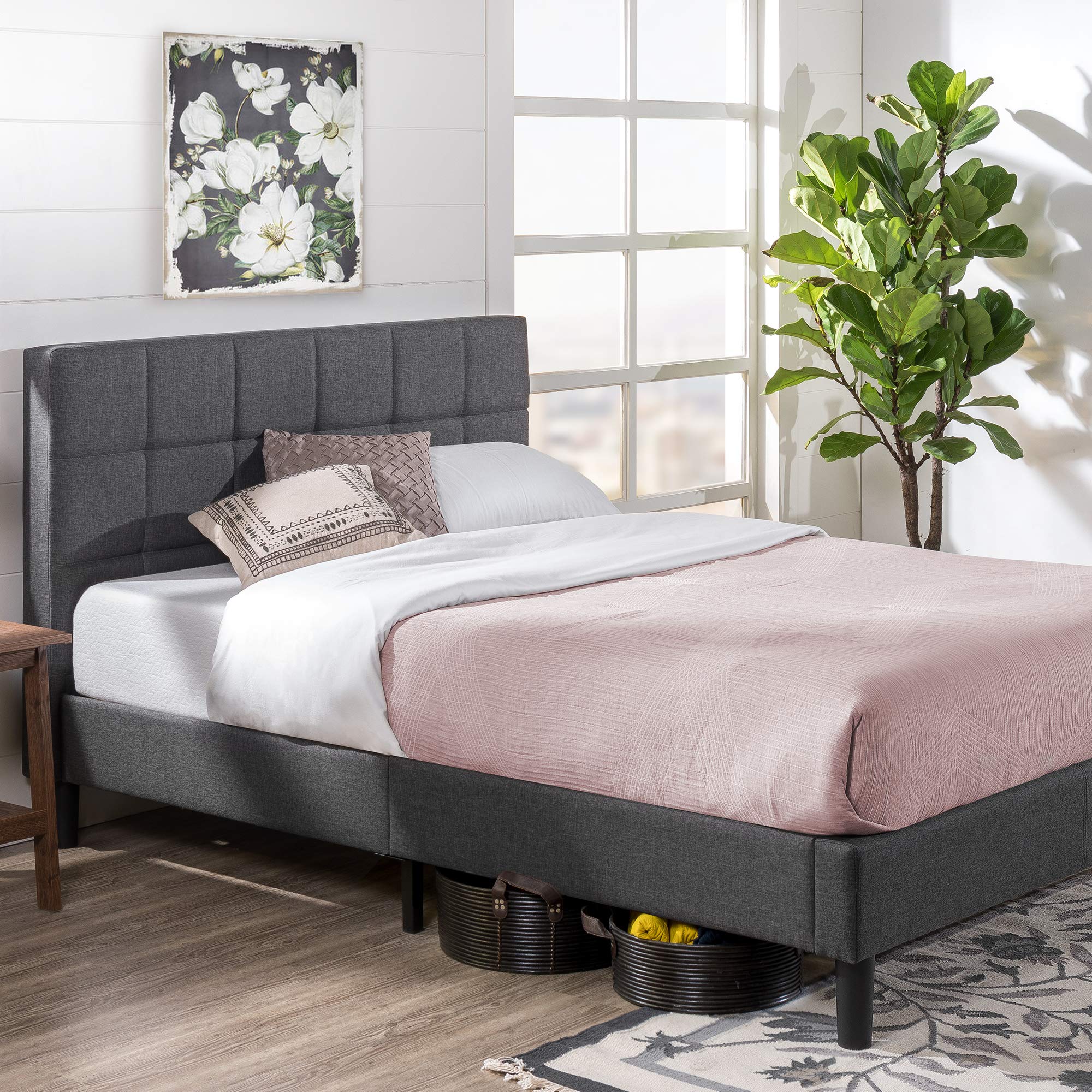 Zinus Lottie Upholstered Double Bed Frame | Grey Tufted Headboard