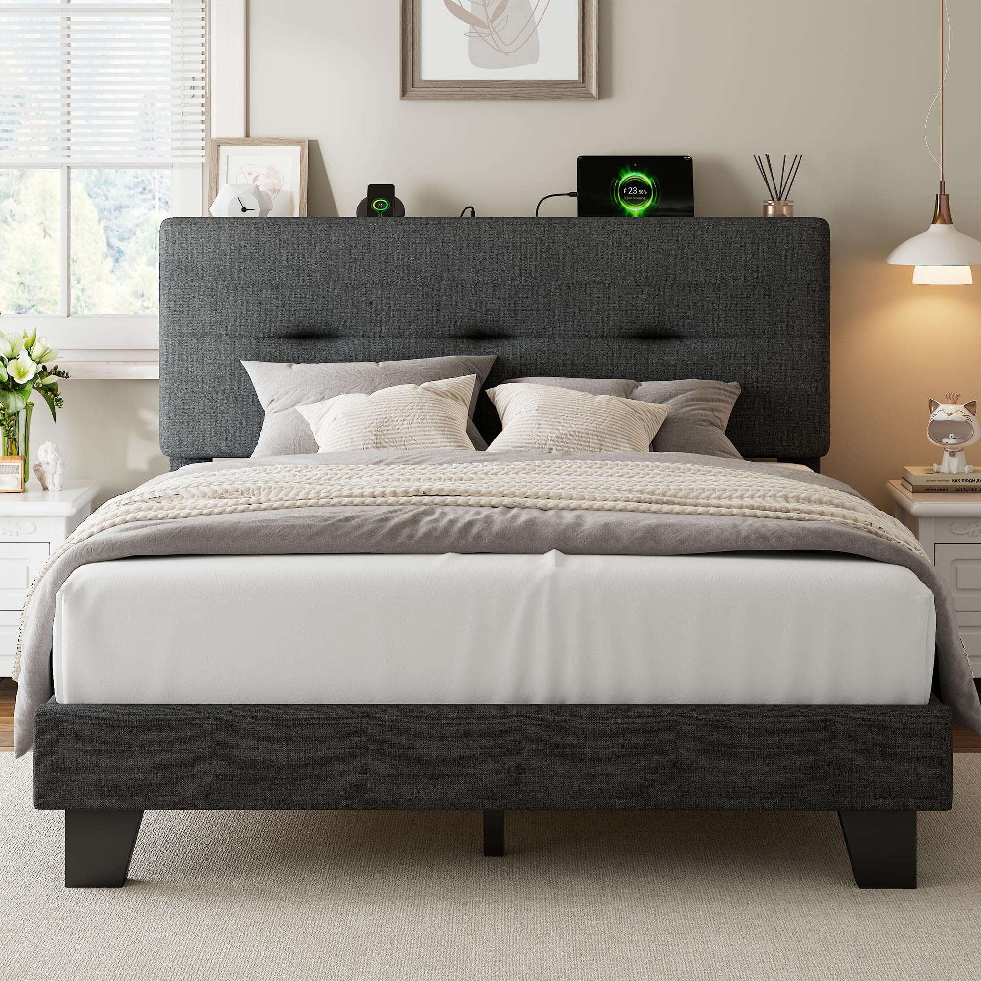 Feonase Double Platform Bed Frame | Linen Upholstered with Charging Station