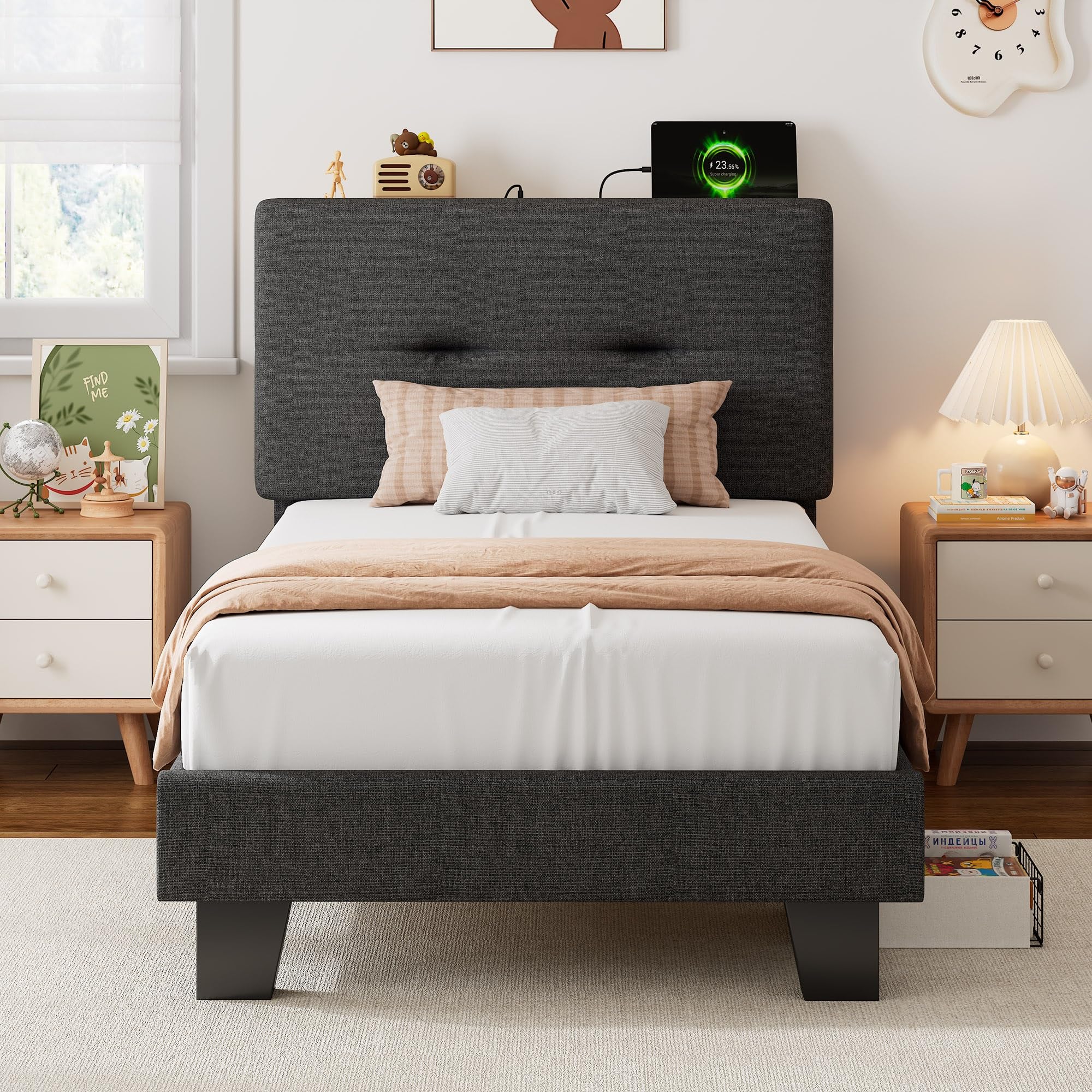 Feonase Single Upholstered Platform Bed with Charging Storage Headboard
