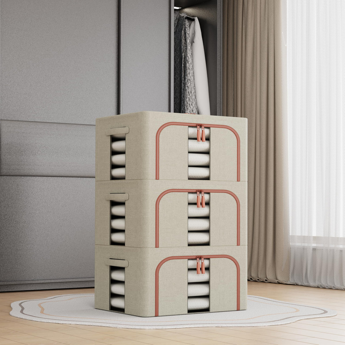 3Pcs Clothes Storage Bin,24L Beige Cloth Storage Box with Metal Frame,Foldable Fabric Bin Organizer for Clothes,Stackable Openings Cloth Storage Bin - image 1