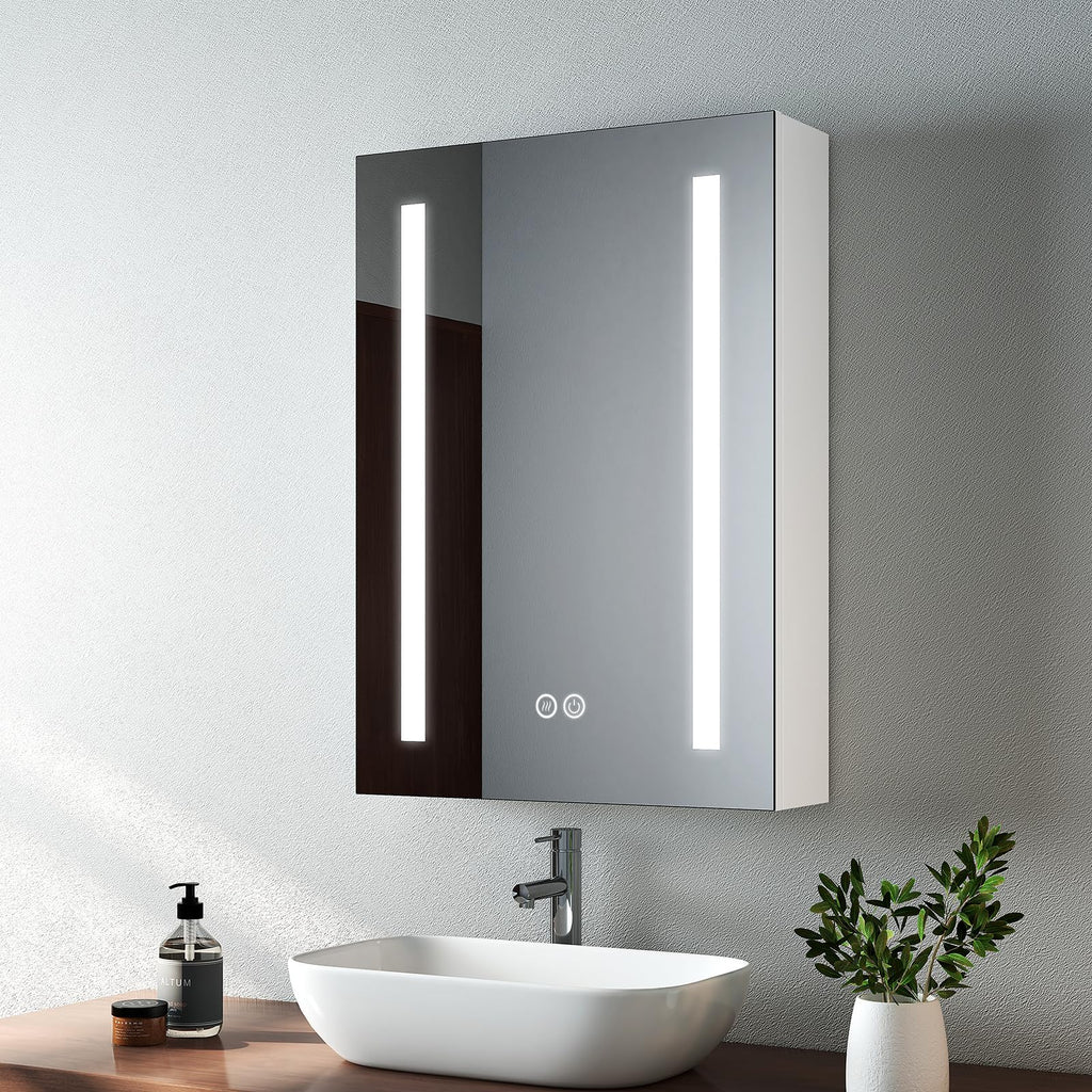 EMKE Led Bathroom Mirror Cabinet, Bathroom Wall Mirror Cabinet with Led Lights with Shaver Socket, Illuminated Mirror Cabinet with Dimmable