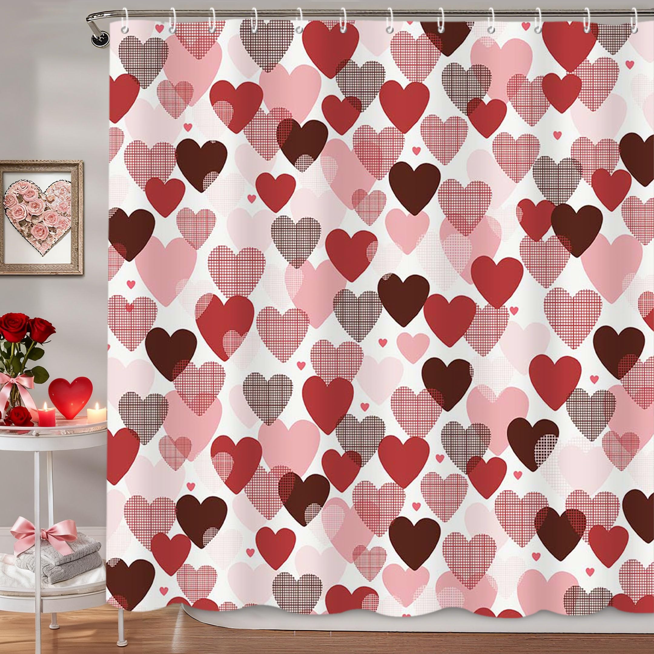MEHOFOND Valentines Shower Curtain | Red Pink Hearts Polyester Fabric
