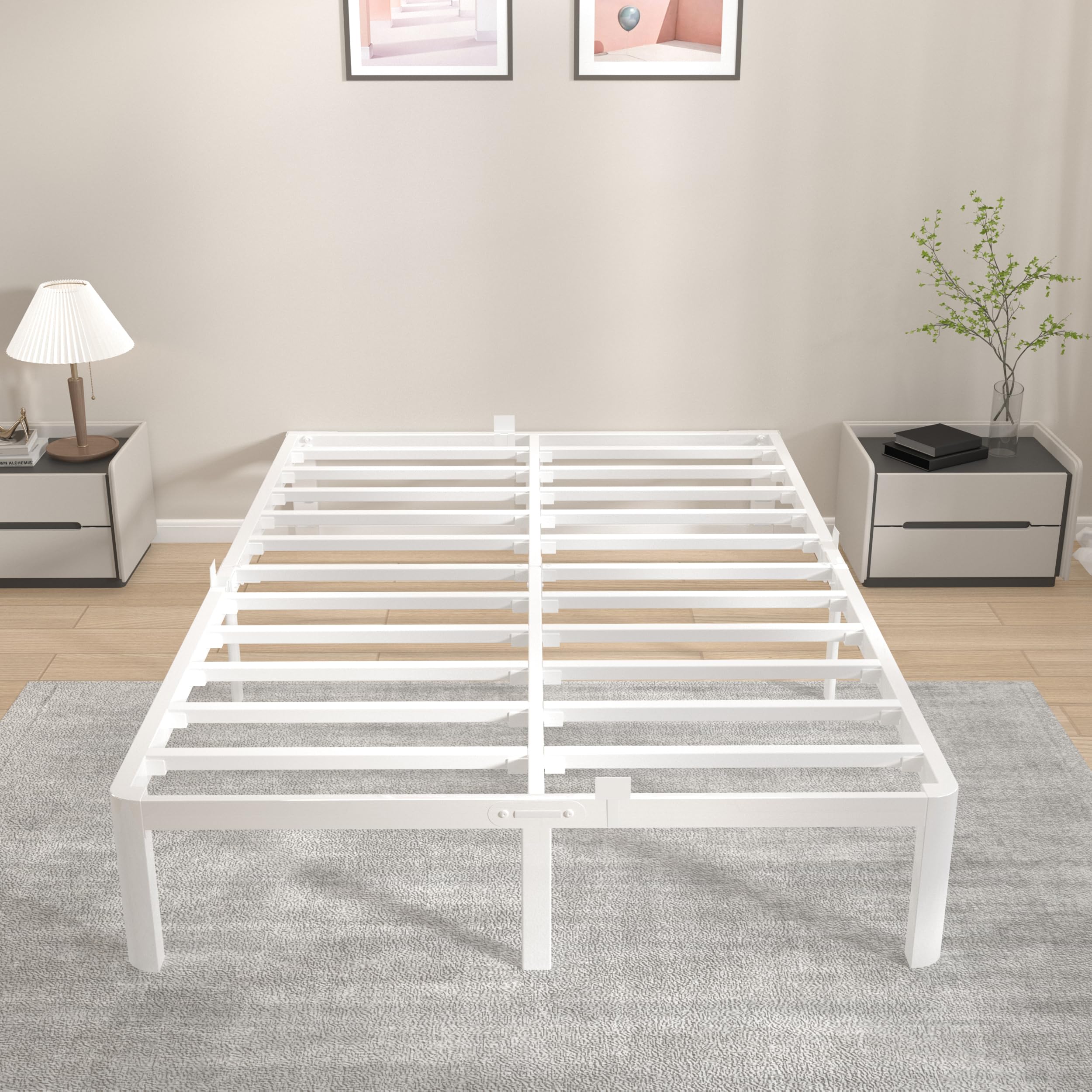 KVLKBV Double Metal Bed Frame 135x190cm | White Storage Bed Frame