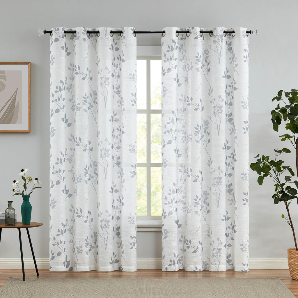 Beauoop Grey Floral Semi Sheer Curtains - Linen Textured Leaf Print, 2 Panels